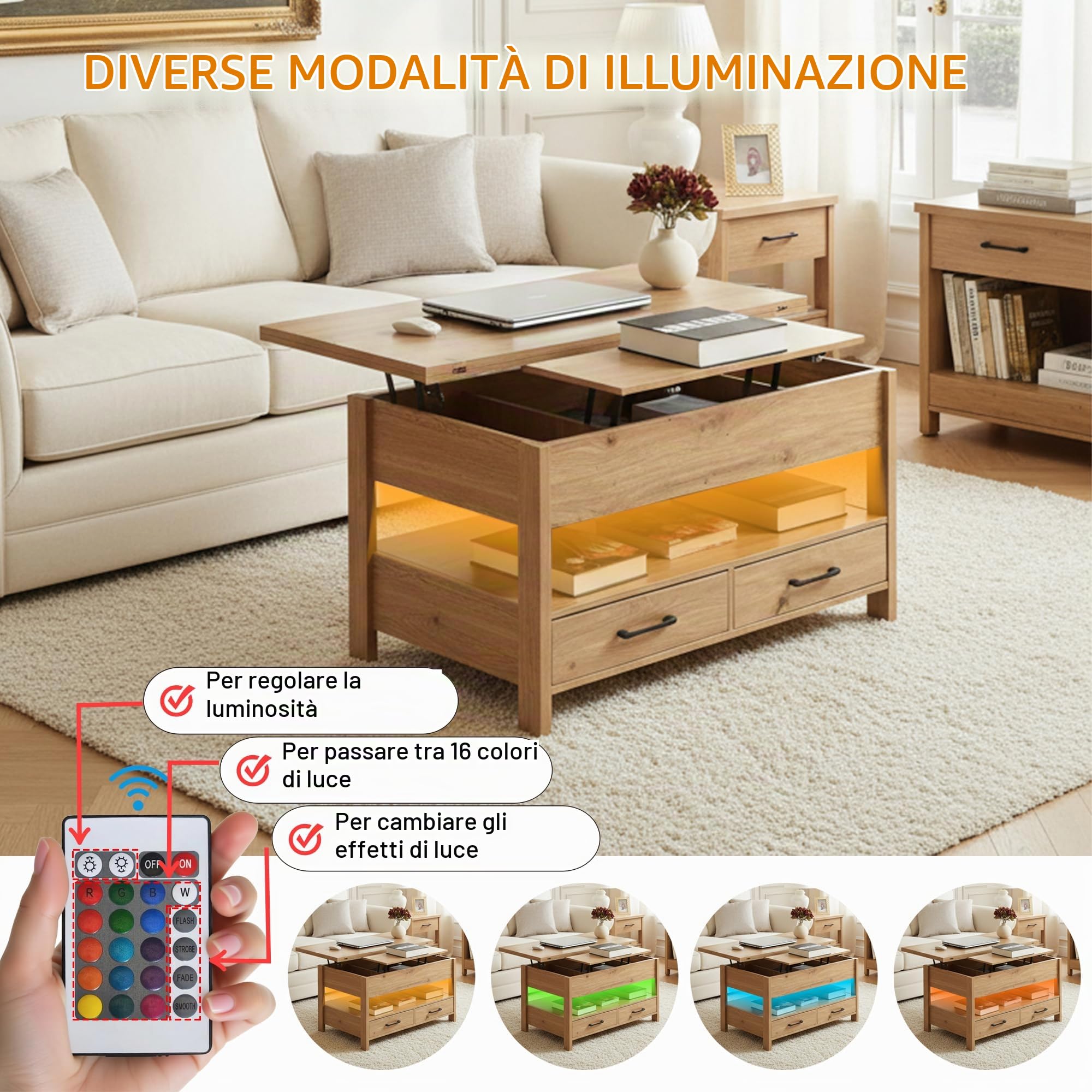 Tavolino da Salotto Regolabile in Altezza, Tavolo Pieghevole Allungabile Trasformabile in Tavolino da Caffè con Cassetti e Vano Nascosto Salotto Moderno Mobili Soggiorno/100x50x50CM-Stile-A/Faux Oak