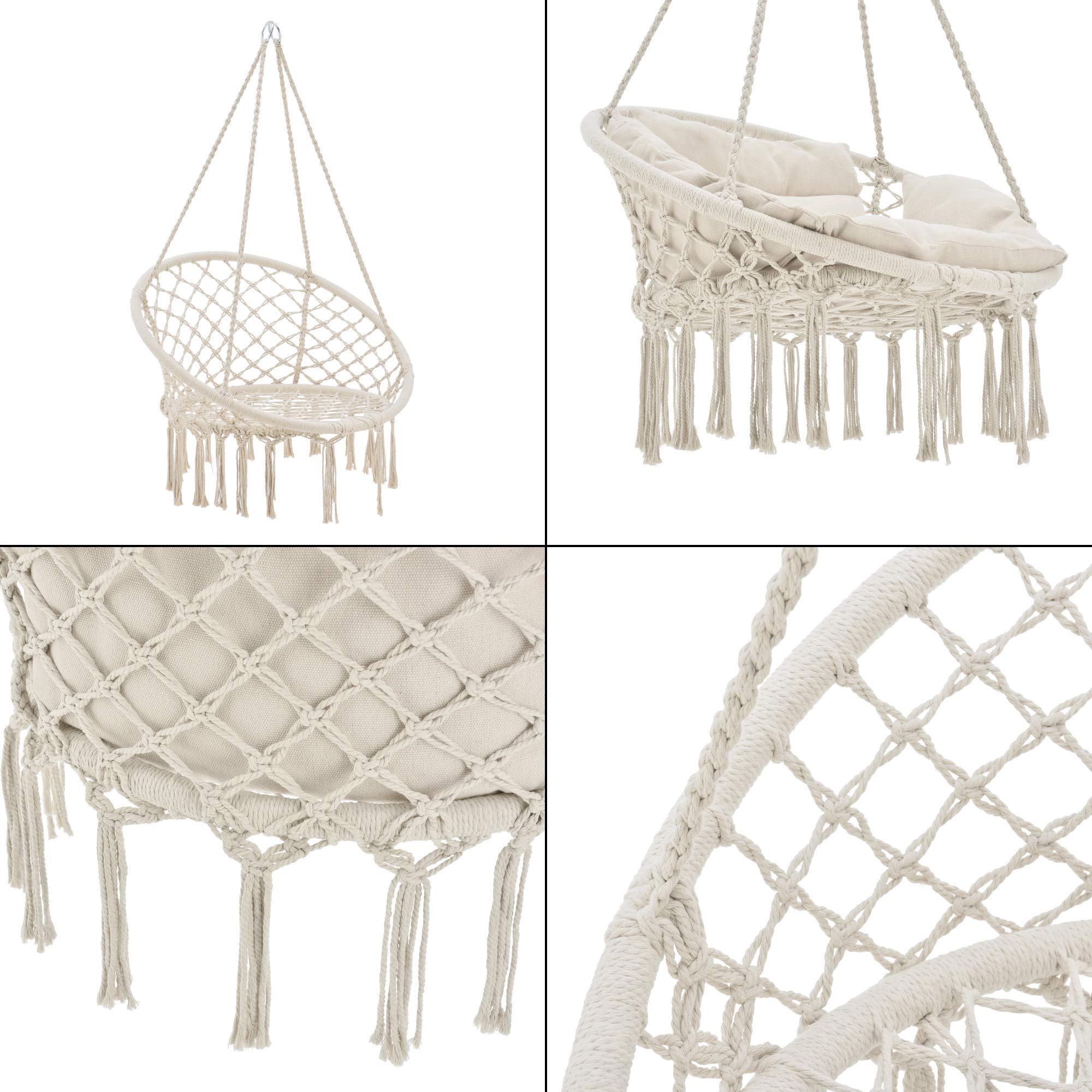 Poltrona Sospesa con Cuscini Altezza Completa di Sostegno 135 cm Altalena Relax Poltrona Appendibile per Interno/Esterno - Supporto Fino a 150 kg - Color Crema