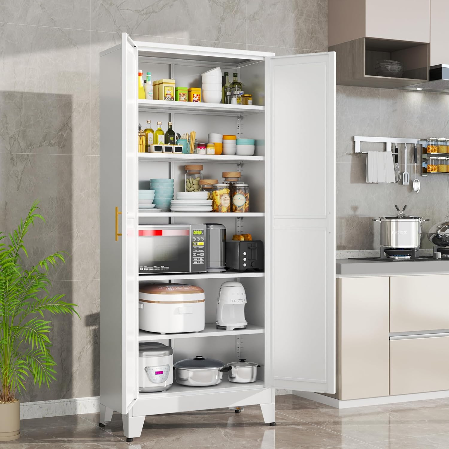 Metal Cabinets with Doors and Shelves, 75" H White Storage Cabinet Pantry Cabinet Garage Cabinets for Kitchen,Living Room, Dinning Room