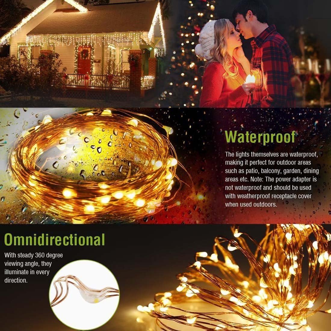 99ft 300 LED Warm White Copper Wire Waterproof String Fairy Light Lamp Decoration Lighting with 12V AC Adapter for Christmas Party Wedding(30m)