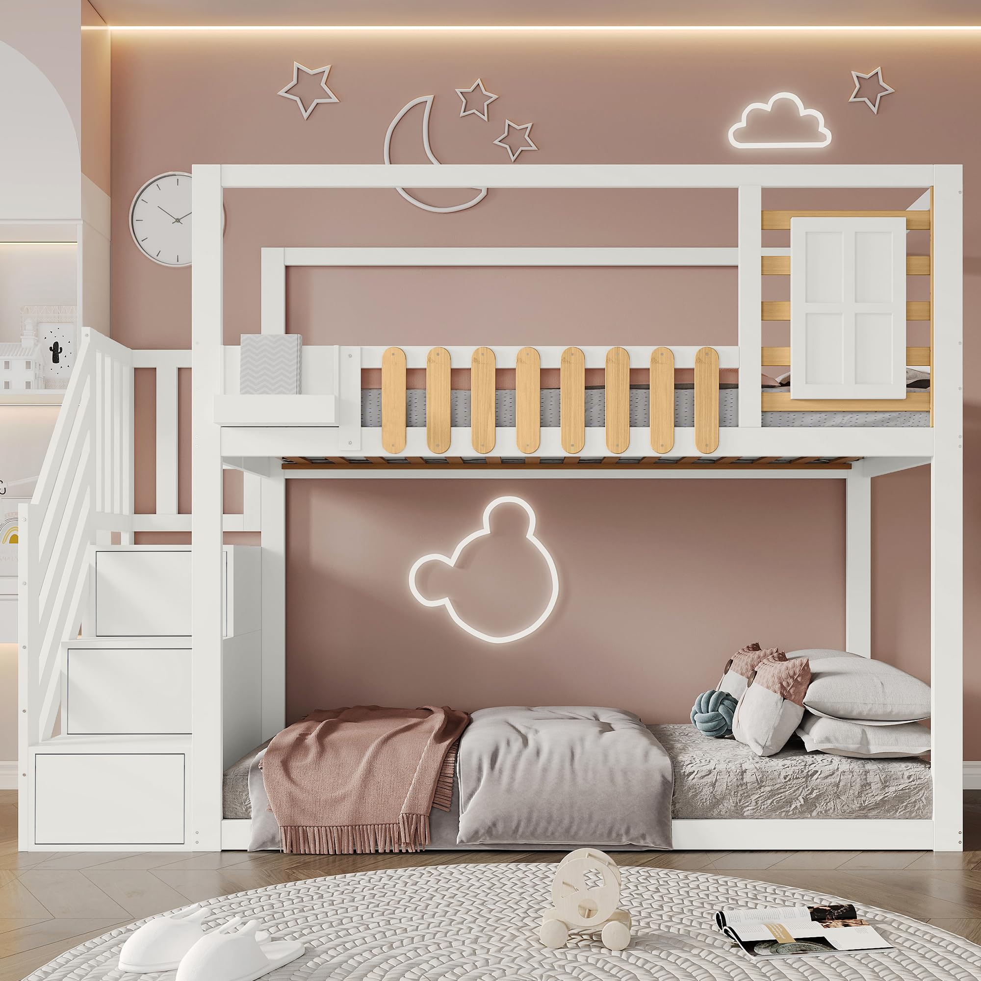 Aoskem Kinderbett Etagenbett 90x200 cm für 2 Kinder, Hochbett Hausbett mit Treppe Stauraum, Holzbett mit Fenster & Gitter, Bettgestell Kinderbett mit Rausfallschutz & Lattenrost, Ohne Matratze, Weiß