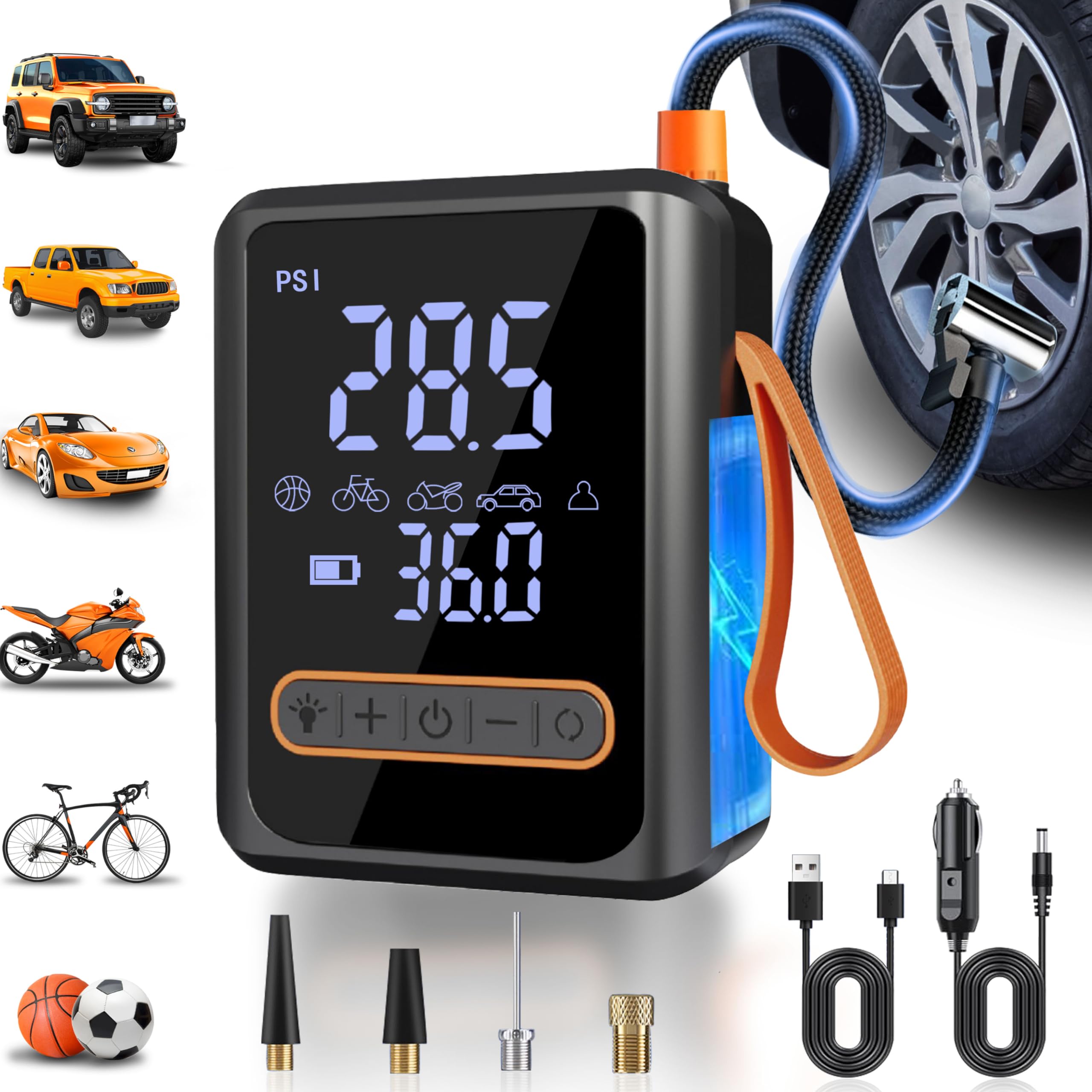 Compresor de aire portátil inflador de neumáticos, bomba de aire digital inalámbrica de 150 PSI con luz LED y medidor de presión para neumáticos de coche, motocicleta, bicicleta