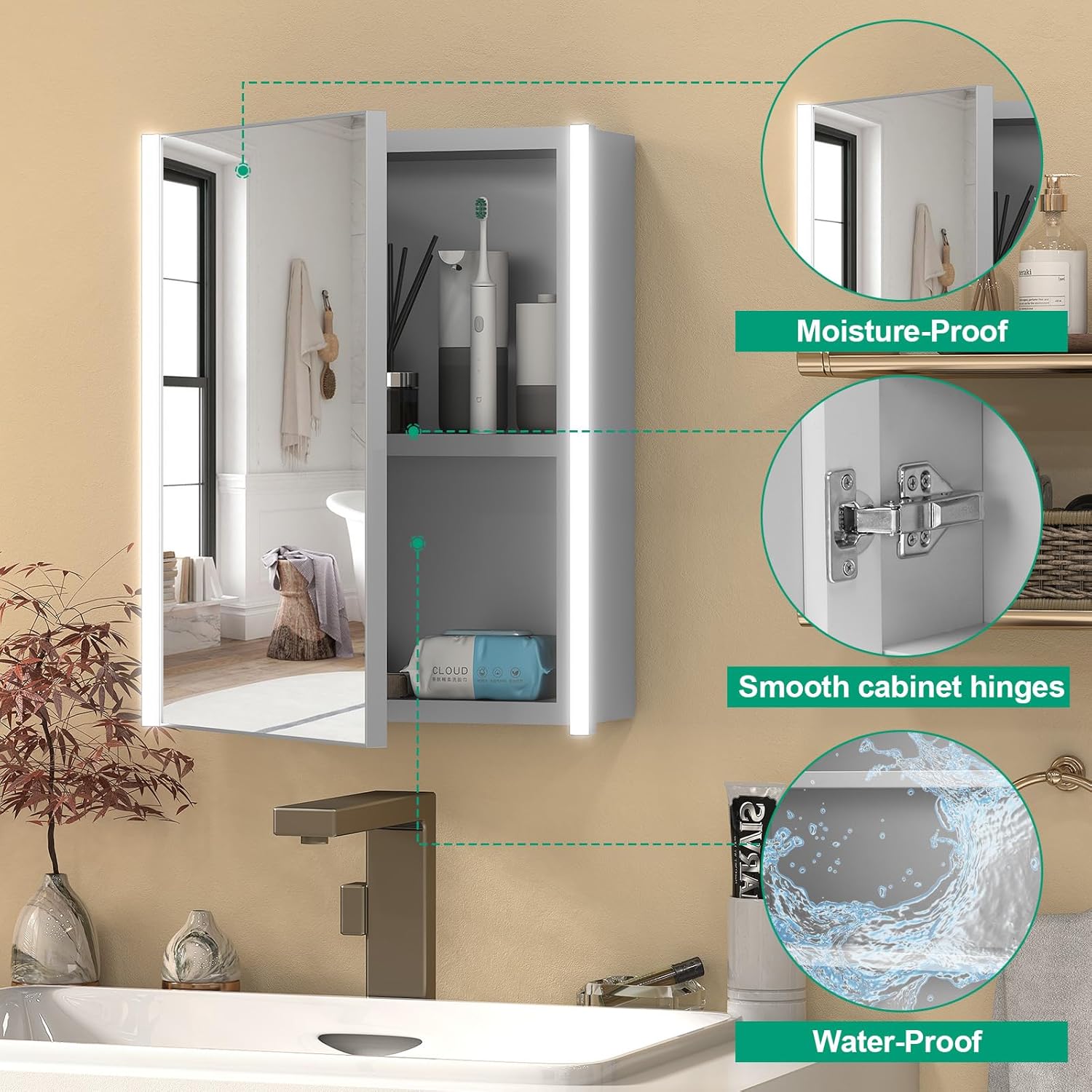 20x26 Inch Medicine Cabinet with LED Light Mirror, Brightneess Adjustable and Full-Assembled Bathroom Aluminum Cabinet with Storage, Farmhouse Sliver Surface Mount (Not Recessed)