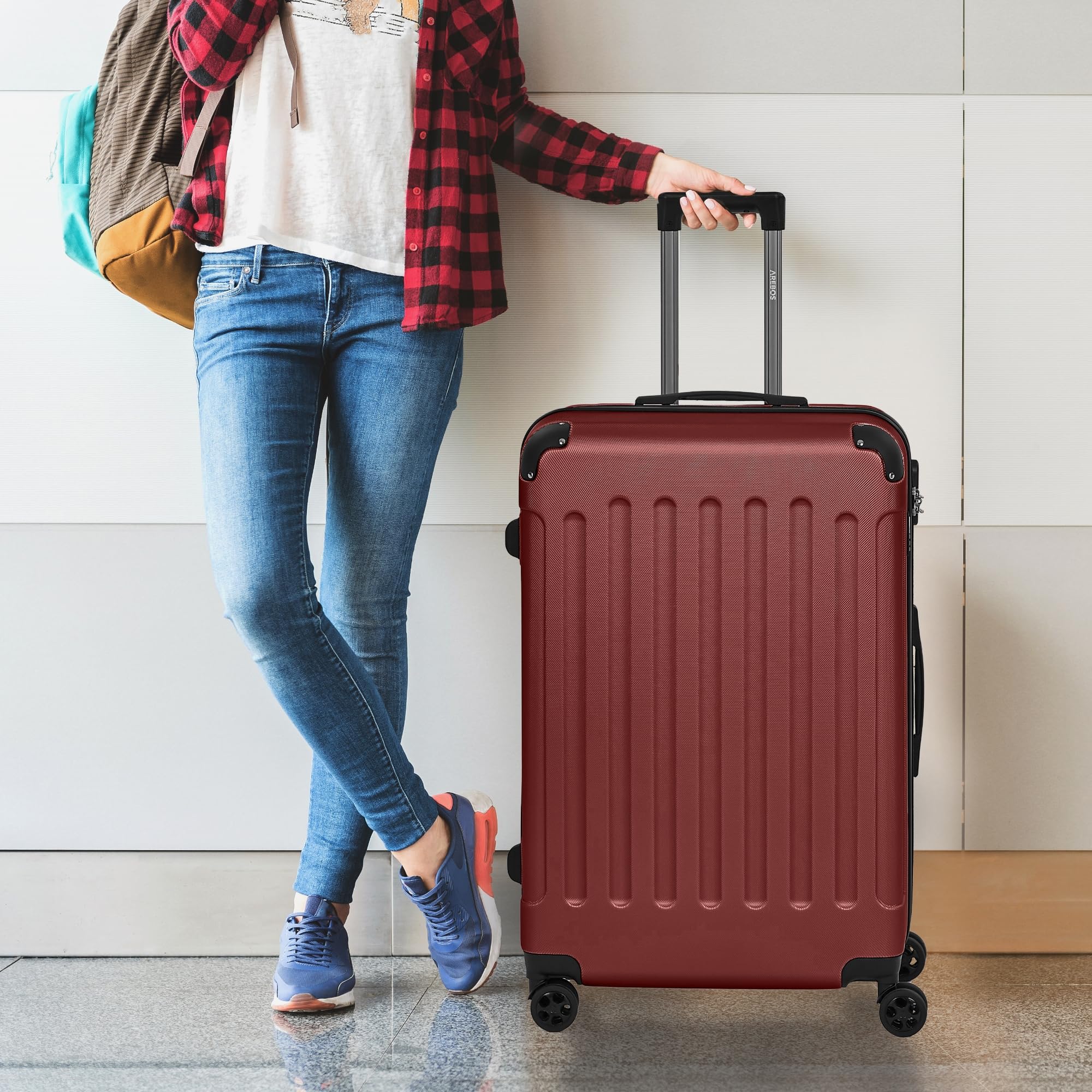 AREBOS Lot de 4 valises de Voyage I Coque Rigide en ABS I Set de valises à roulettes I Poignée télescopique I avec Fermeture éclair Roues à 360° I S-M-L-XL | Rouge