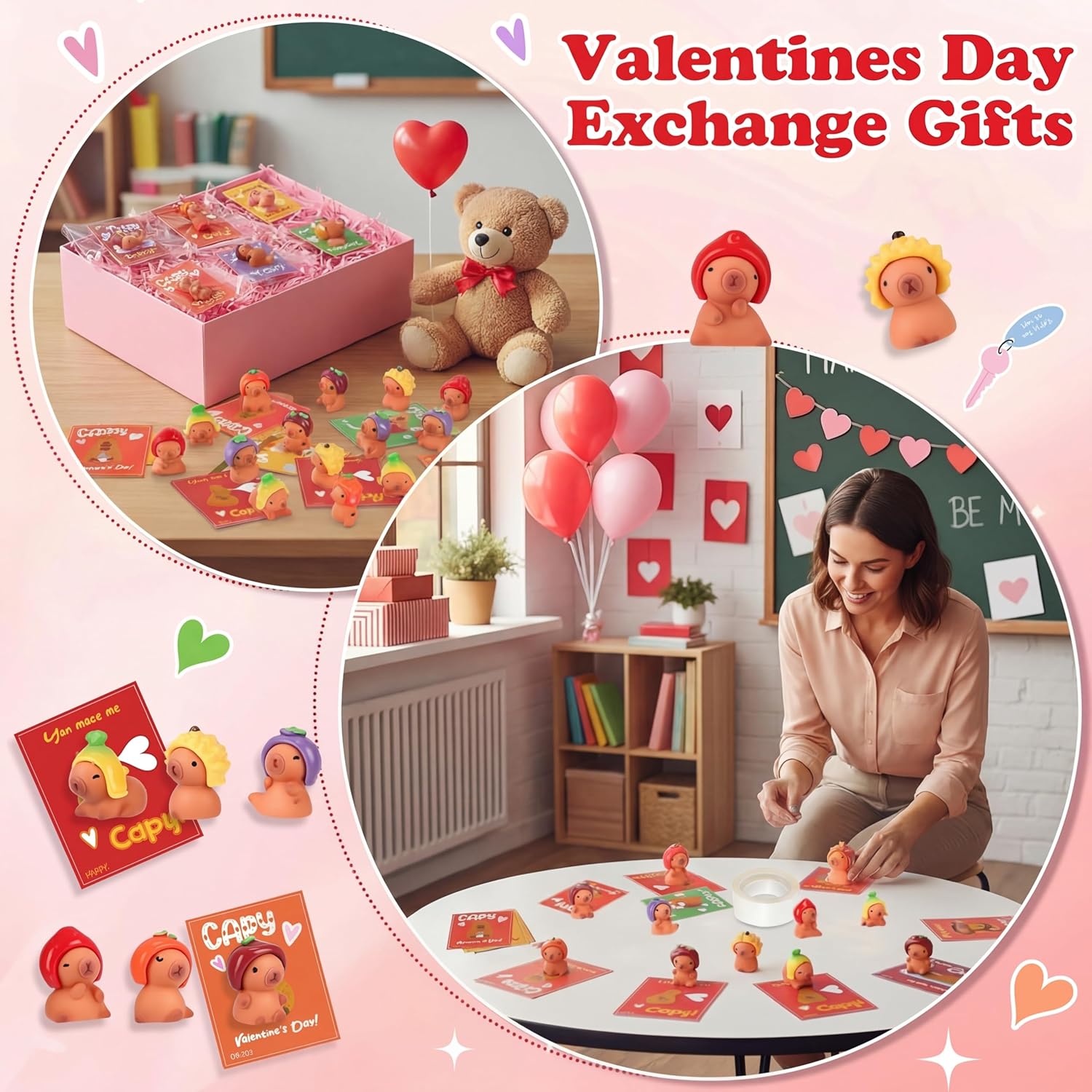 BreezeHug 24 Sets Valentines Day Gifts Bulk Mini Resin Capybara Figurines with Greeting Cards Bags for Valentines Gift Exchange Capybara Party Favors Reward Home Office Cake Topper Decor