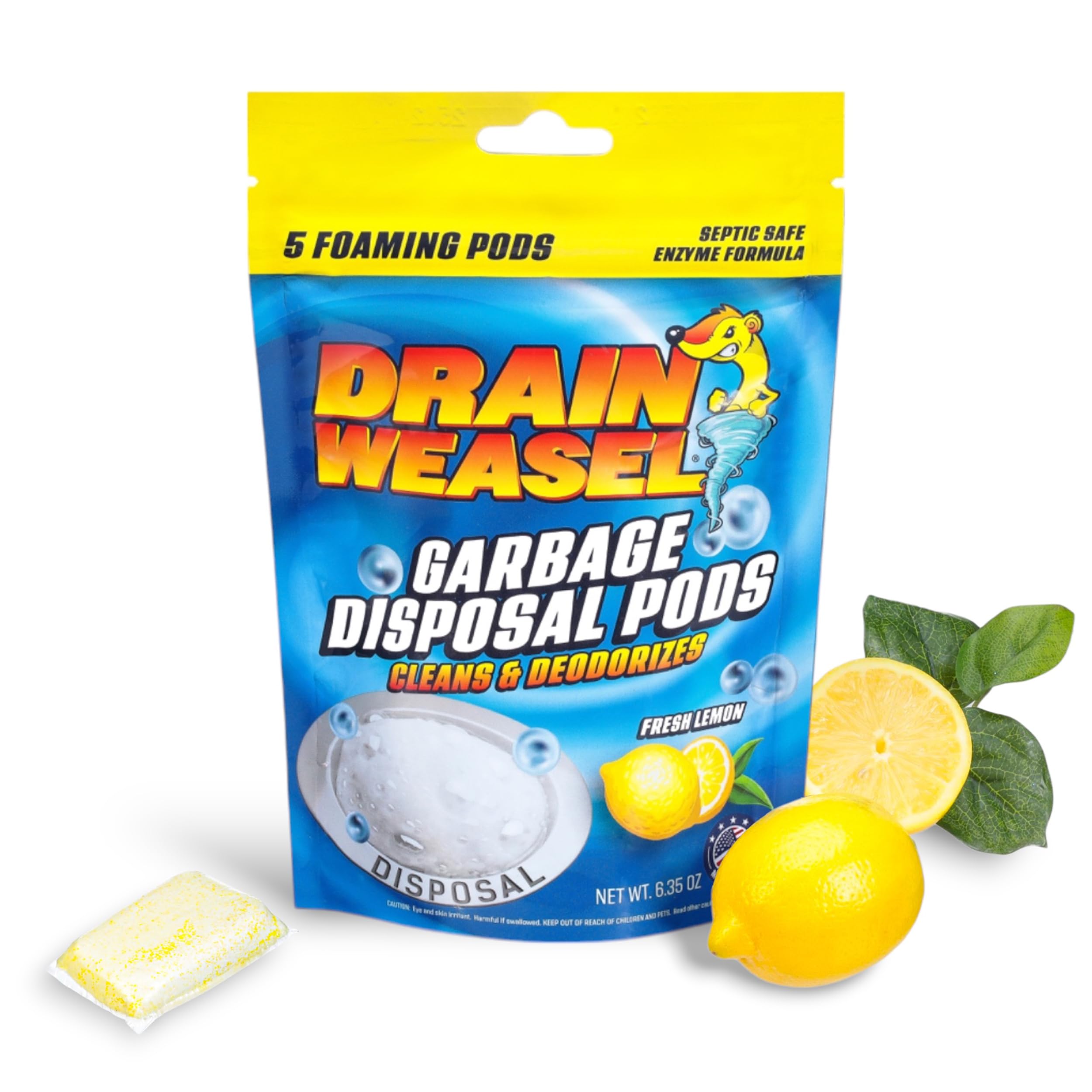 Garbage Disposal Pods Cleaner and Deodorizer, Sink Odor Eliminator with Foaming Action, Septic-Safe Enzyme Formula, Fresh Lemon Scent, Pack of 5
