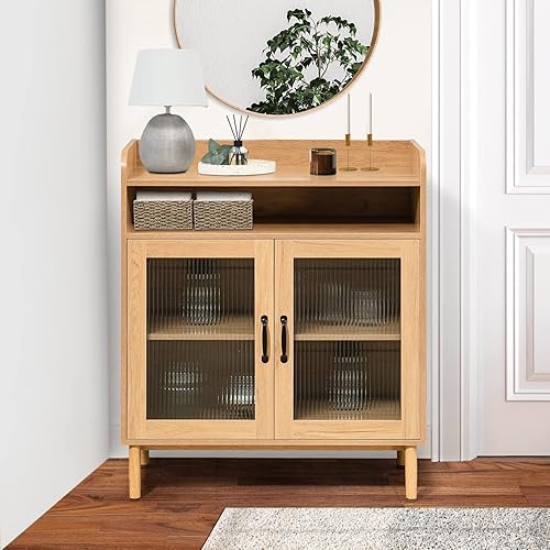 Miniatura 7 de Vrullu Armario de almacenamiento gabinete de cocina independiente gabinete de buffet con puertas de cristal gabinete de barra de café de madera con