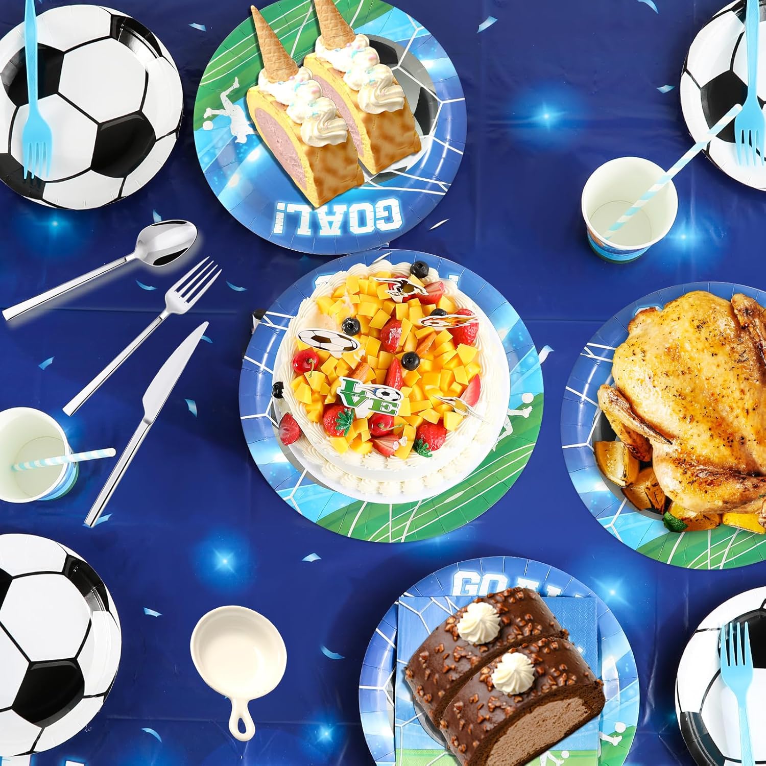 Soccer Birthday Party Decorations for 24 Guests - 178 Pcs Disposable Tableware Set with Banner, Hanging Swirls, Cake Topper, Plates, Napkins, Soccer Theme Party Decorations - Image 7