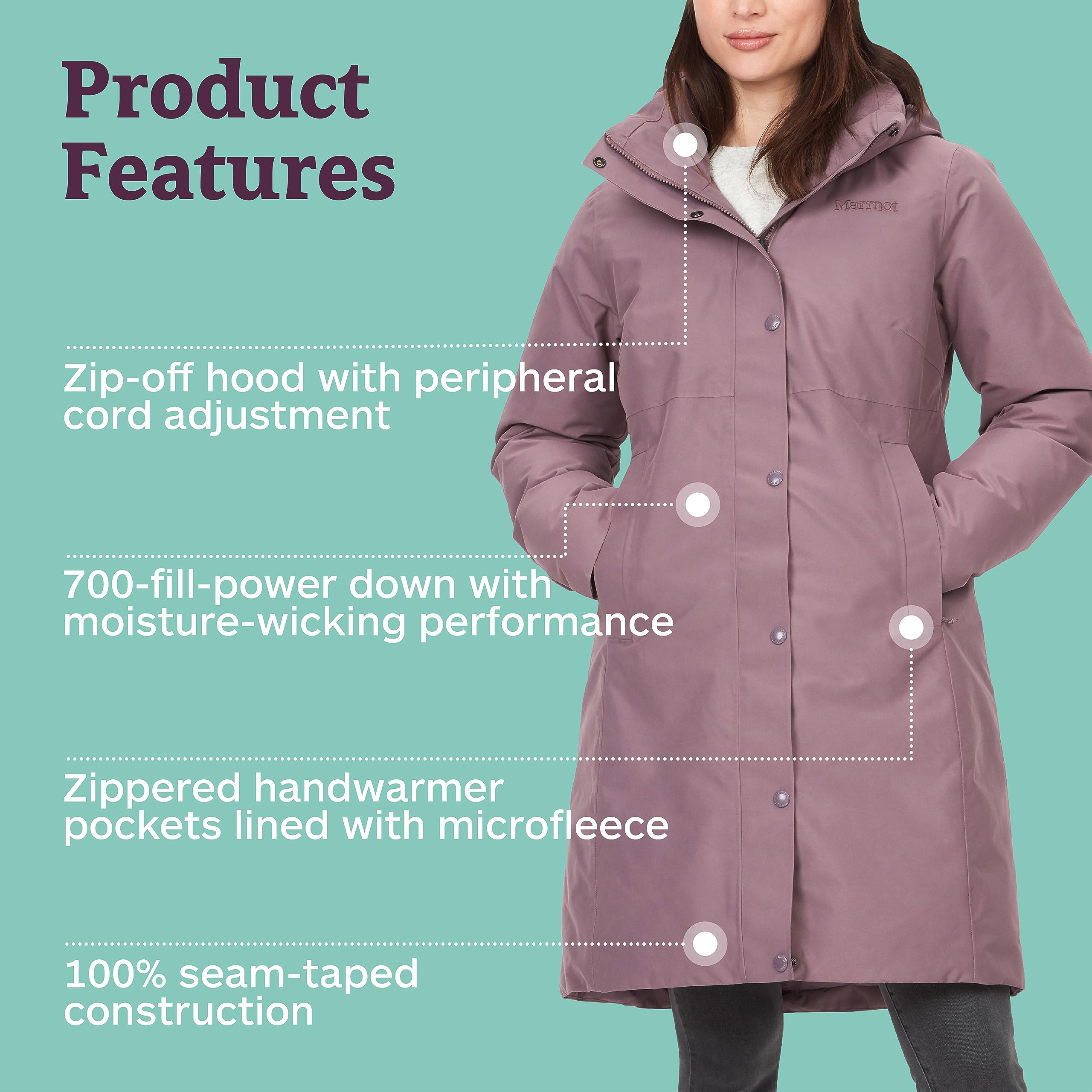 Marmot Damen Wm's Chelsea Coat, Leichte Daunenjacke, wasserdichter Daunenparka, warmer Wintermantel, regendichte Winterjacke, winddichte Funktionsjacke, Outdoorjacke mit Kapuze