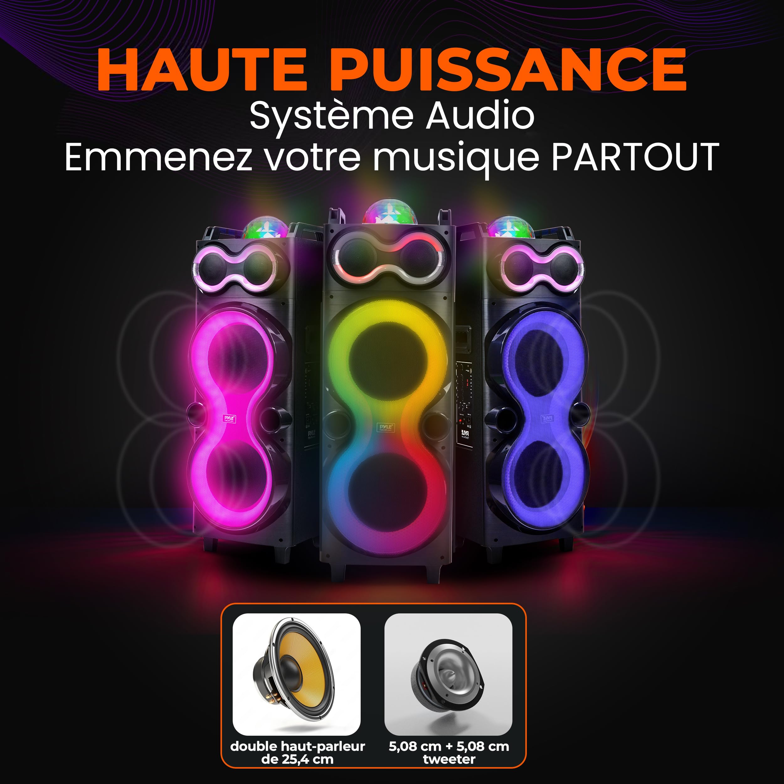 Pyle Enceinte Bluetooth Karaoké 240 W, Sono Portable, Double Haut-Parleur, Enceinte Bluetooth Puissante avec Micro sans Fil USB/SD/AUX/FM, Éclairage LED, Fêtes Extérieures et Intérieures