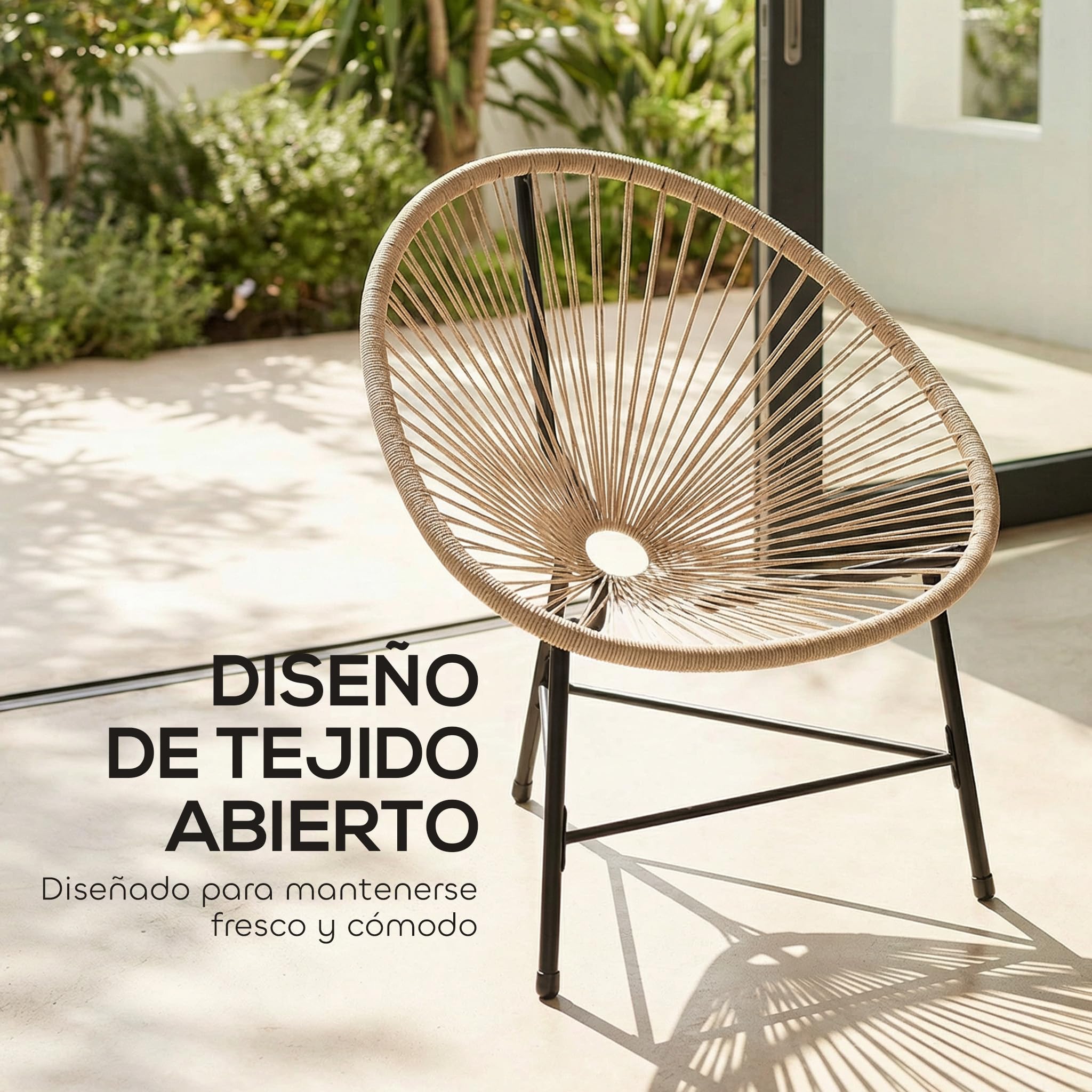 Outsunny Conjunto de 2 Sillas Acapulco de Jardín de Ratán Sintético | Sillas de Jardín Exterior, Silla Acapulco Exterior, Estructura de Acero Triangular, Balcón, Terraza, Carga 120 kg, Natural