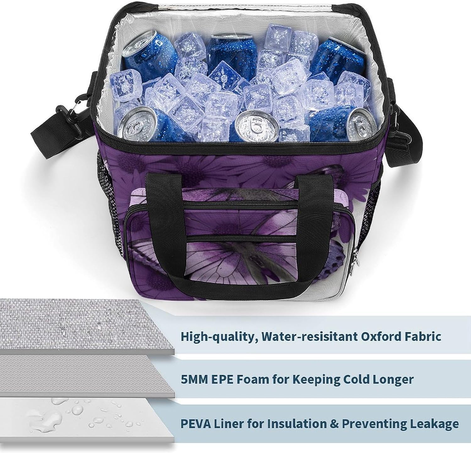 Large-Capacity Oxford Cloth Purple Butterfly Printed Camping Ice Bag, Outdoor Portable Insulation and Cold Storage Bag, Enjoy A Cool Camping Time