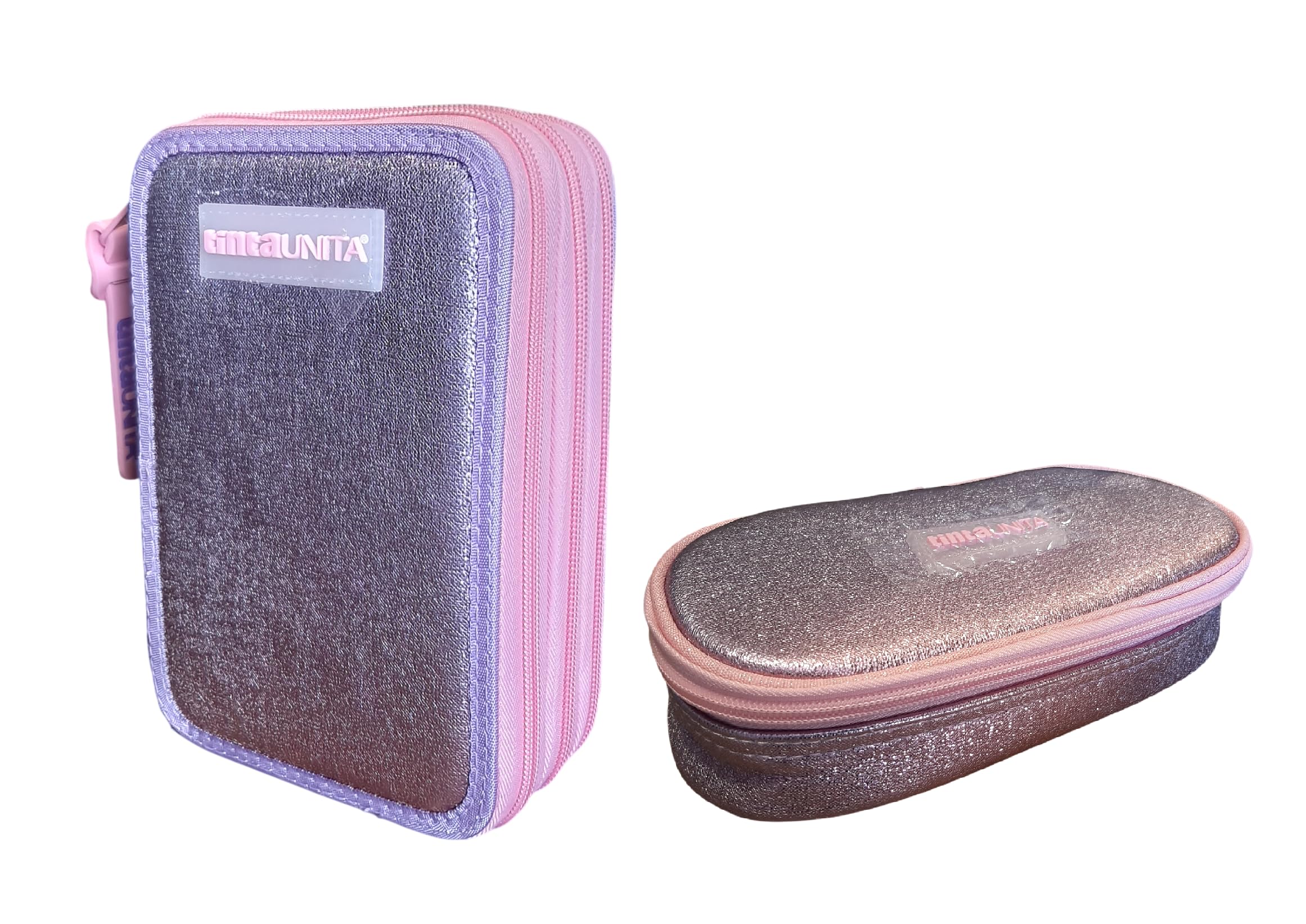 Estuche de color liso con 3 cremalleras Elegant Glamour Gradient rosa violeta completo de papelería + estuche ovalado con cremallera para escuela niña + llavero y bolígrafo de color