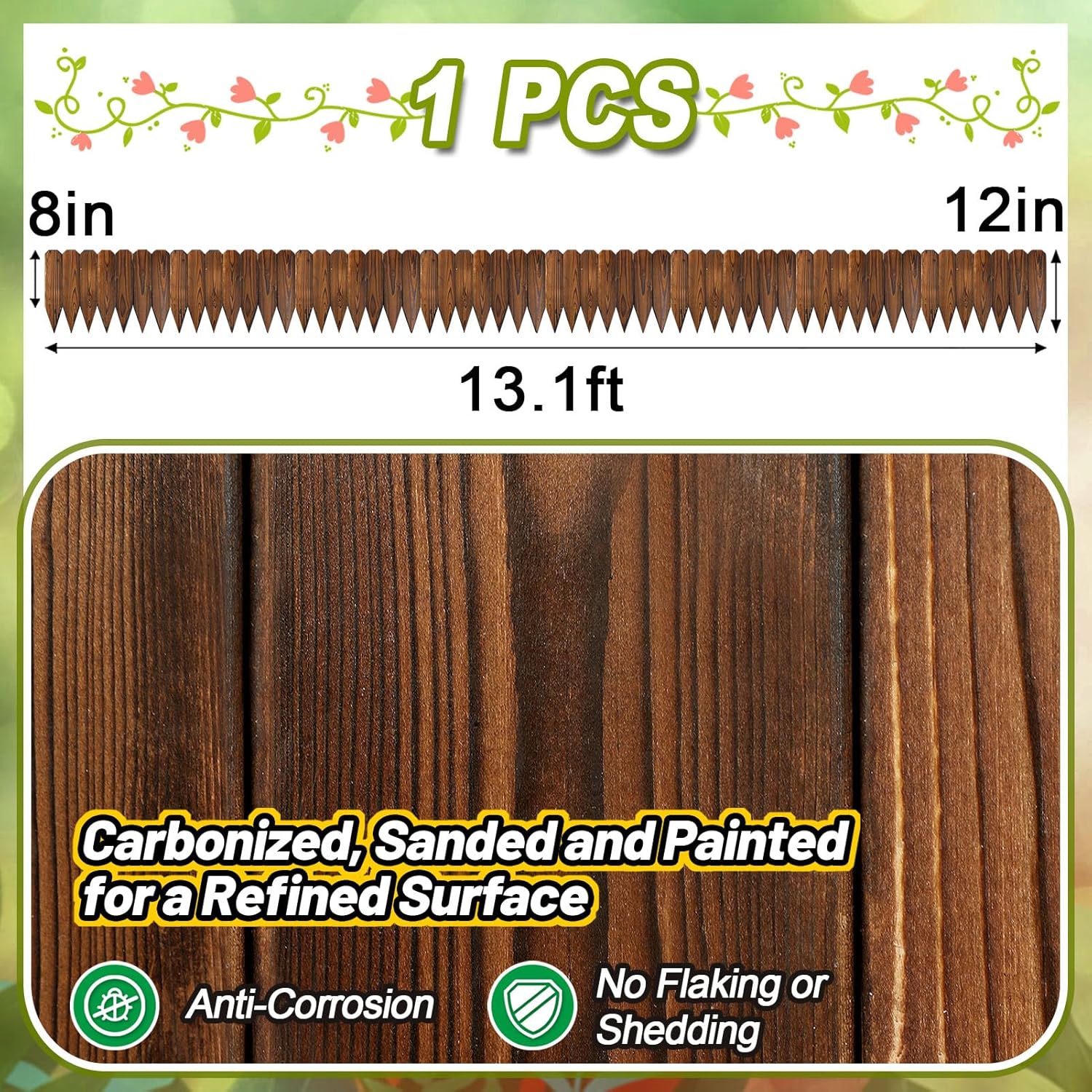 Rustic Pine Wood Garden Fence - 13.1ft L*12in H Easy to Install Sturdy Wooden Landscape Edging Border, No Fading Planter Fencing for Yard Flower Bed Lawns Pathway Tree