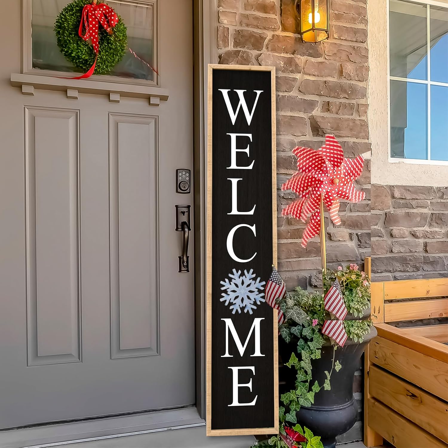 Interchangeable Welcome Sign for Front Porch Door, Outdoor Leaner Home Wooden Frame With 12 Pcs Replaceable Icons Outside Standing Seasonal Welcome Holiday Decorations (45"X9" Wood Black)