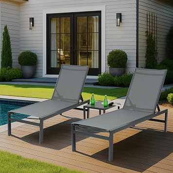 Kozyard 3-Piece Outdoor Chaise Lounge Set, Powder-Coated Aluminum Frame and Textilene Fabric, Adjustable Reclining Patio Lounger for Poolside, Sunbathing & Backyard Gray, 2 Chairs with Table