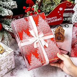 MAYPLUSS Christmas Tree Wrapping Paper, Red Wrapping Paper, Elegant Red Christmas Tree and Snowflakes Gift Wrap with Metallic Foil Shine for Holiday Gift Packaging (Mini Roll, 17 Inch X 16.5 Feet)