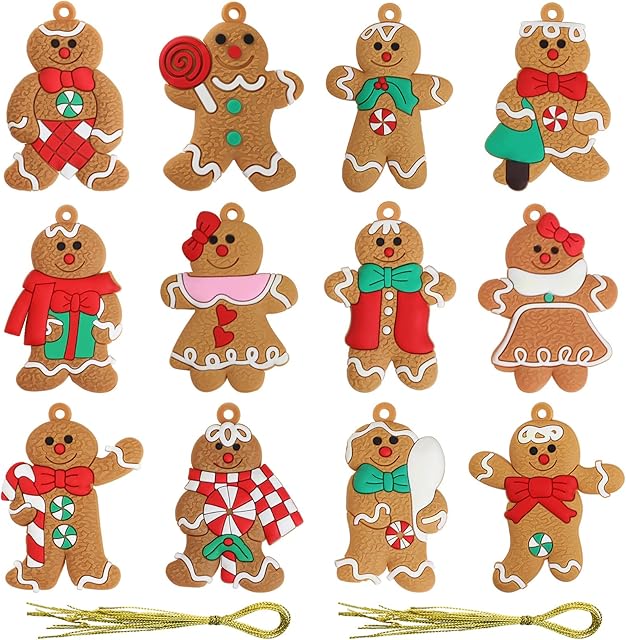Bigqin 12 Pieces Christmas Tree Ornaments, 7*5cm Gingerbread Man Christmas Decorations Hanging Pendants Xmas Holiday Cute Wreaths Decor