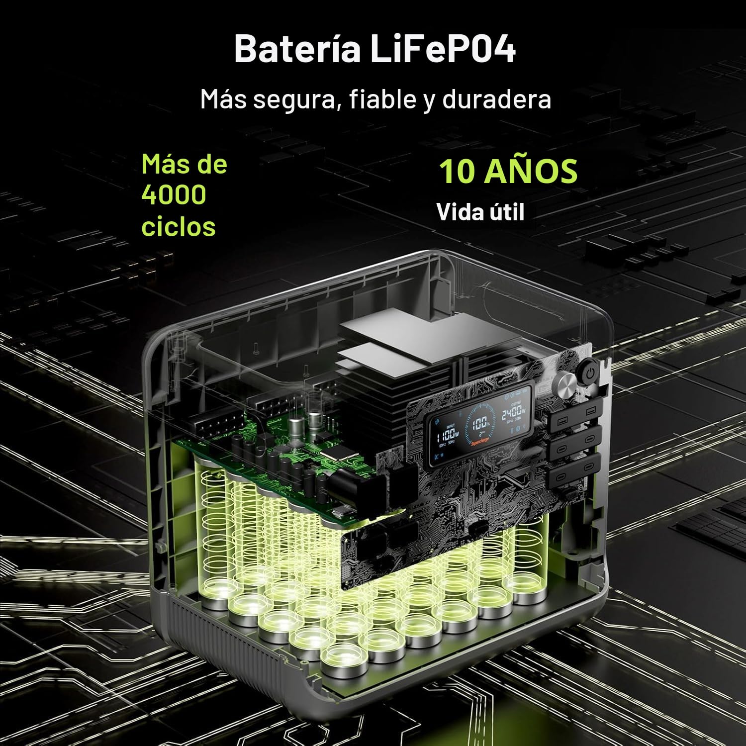 Estación de Energía Solar Portátil FOSSiBOT F2400, 2048Wh Batería LiFePO4, 2400W (4800W Pico), Carga Rápida en 1.5h, 3 Tomas CA, UPS, para Cortes de Luz, Camping y Autocaravana
