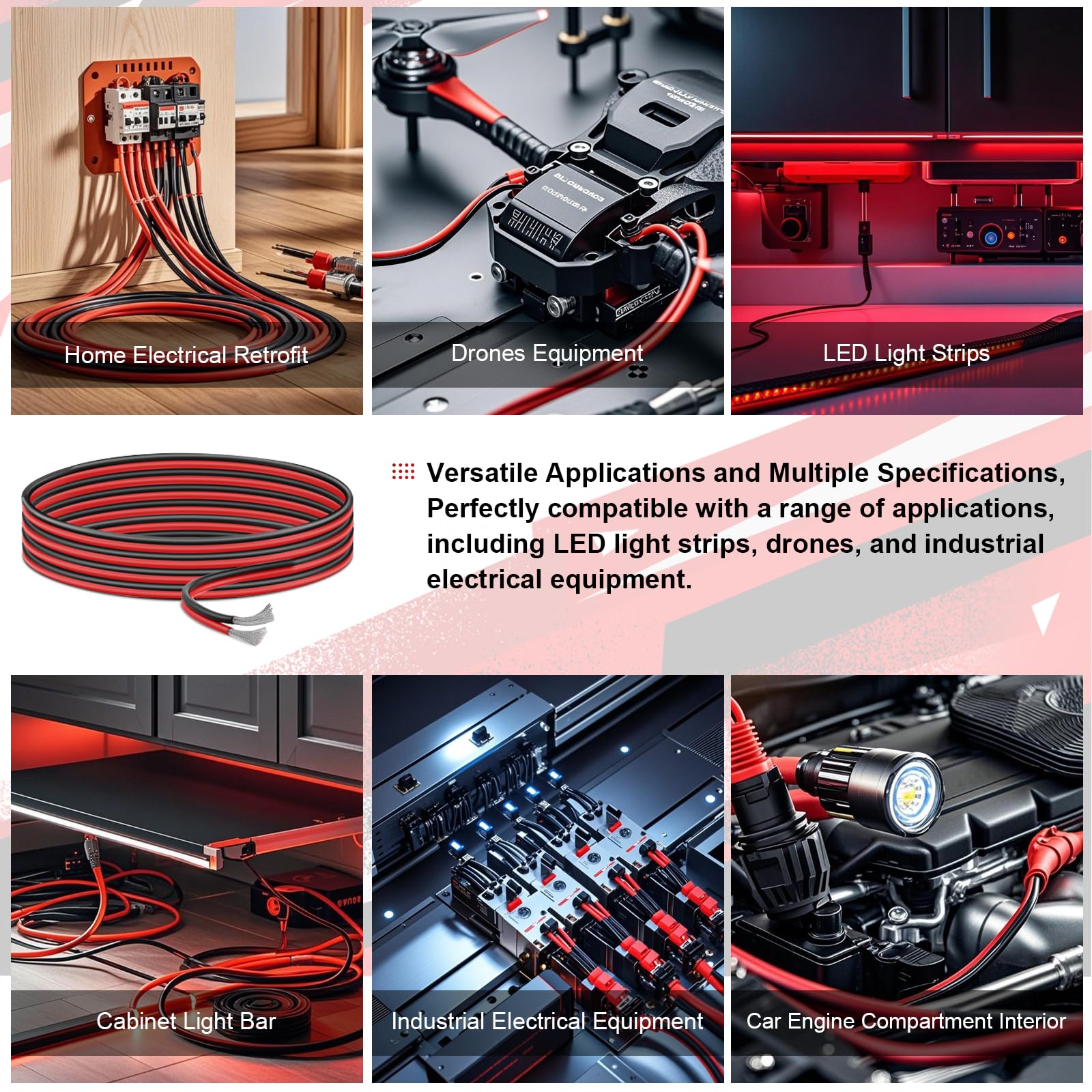 0,82 mm² (18 AWG) Czerwony i czarny kabel silikonowy (zewnętrzny: 2,3 mm x 4,6 mm), 25 m, wąż wysokotemperaturowy, cynowana miedź do taśm LED, zastosowania 12 V/24 V DC, projekty elektryczne i