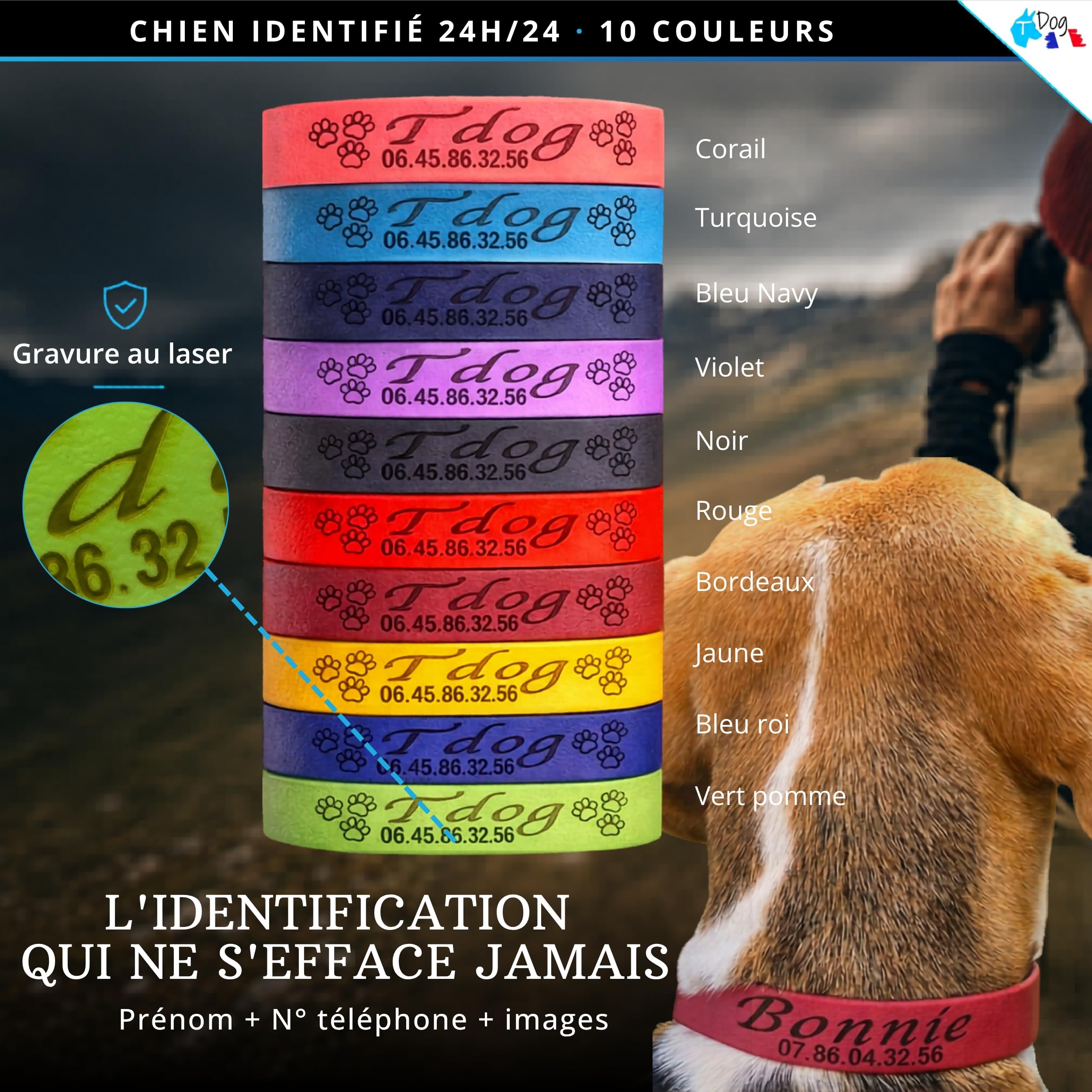 Collier Chien personnalisé Biothane - Fait Main France - Collier gravé au Laser - Gravure prénom et numéro téléphone - Sport Chasse Rando - Collier étanche et résistant pour Chien - TDOG (Rouge)