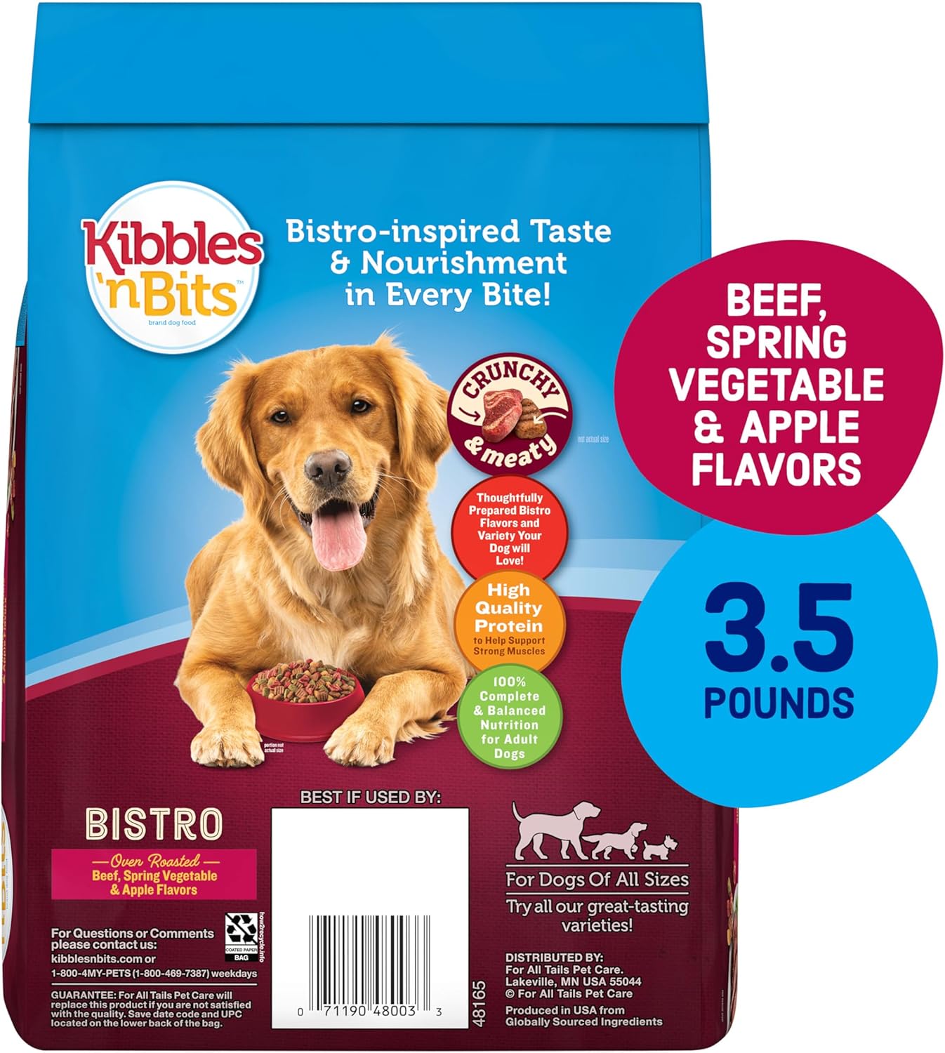 Kibbles 'n Bits Bistro Dry Dog Food, Oven Roasted Beef, Spring Vegetable & Apple Flavors for Adult Dogs, 3.5 lb. Bag, 4 Count
