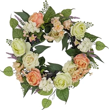 National Tree Company Artificial Spring Wreath, Woven Branch Base, Decorated with Rose and Peony Flower Blooms, Leafy Greens, Spring Collection, 24 Inches