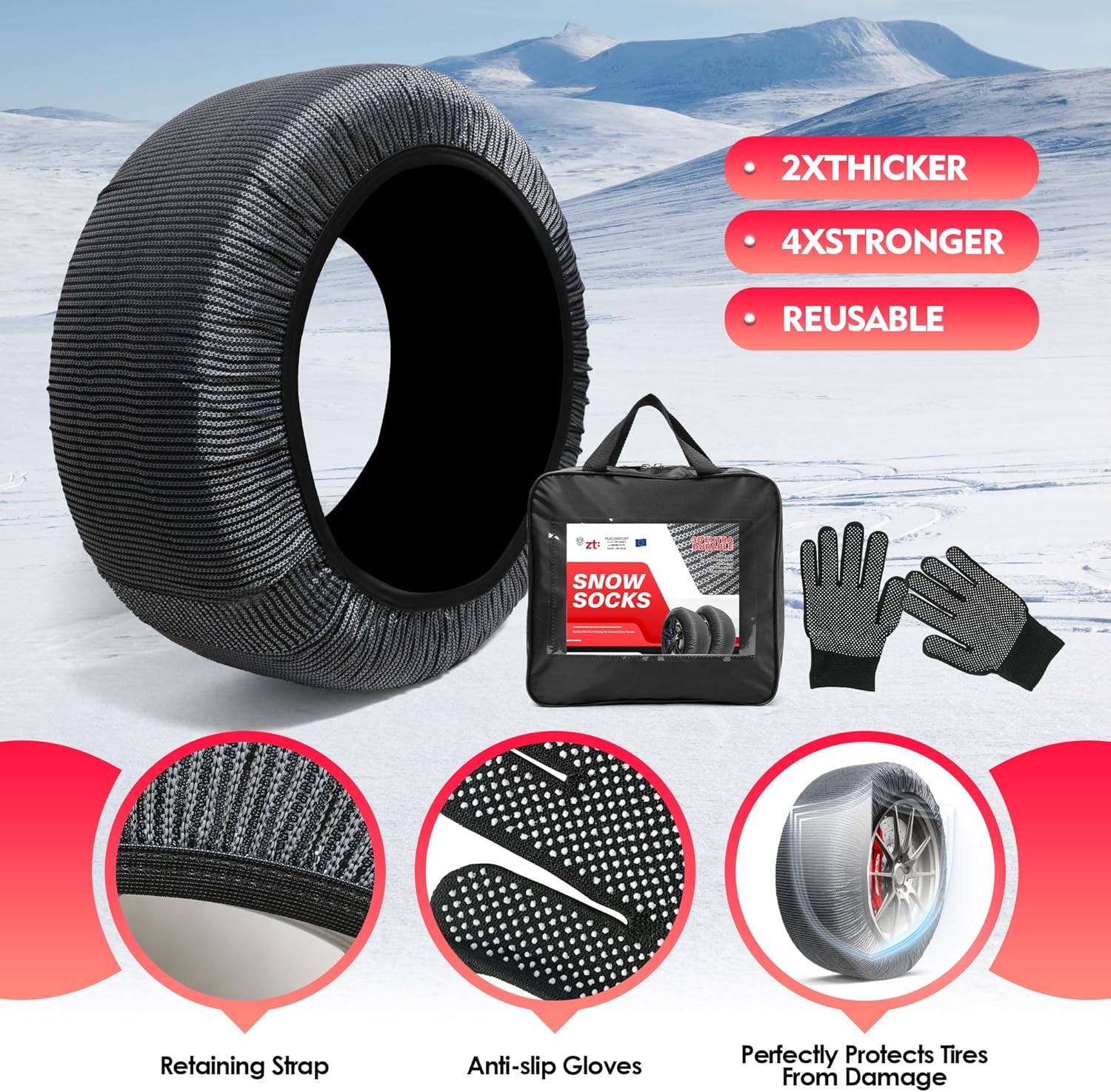 K-Musculo Snow Socks for Tires, Snow Socks Snow Chain for Car SUV Pickup Easy to Use, Ultimate Grip, Washable.100 KM Safely In The Snow, EU EN-16662-1 Certififed(2 PACKS)-XXL