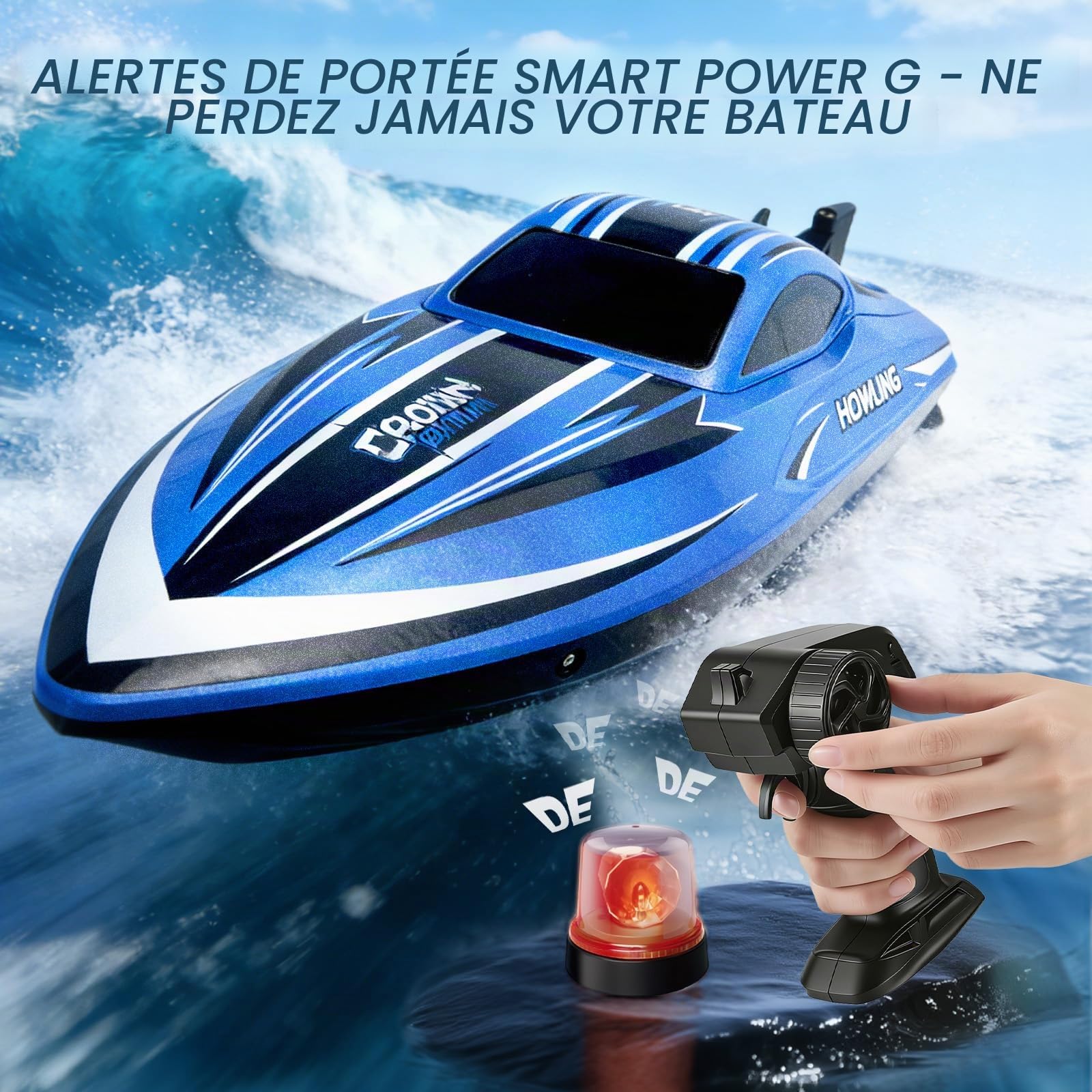 Bateau télécommandé avec éclairage LED, bateau RC de 42 cm, 35 km/h, autonome, 2 batteries, télécommande 2,4 GHz, étanche et résistant aux coups, pour enfants et adultes, piscine, lac (bleu)