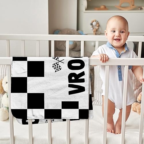 Miniatura 4 de HIWX Manta a cuadros negros y blancos para niños, manta de guardería a cuadros, moderna manta retro de coche de carreras para habitación de niños,