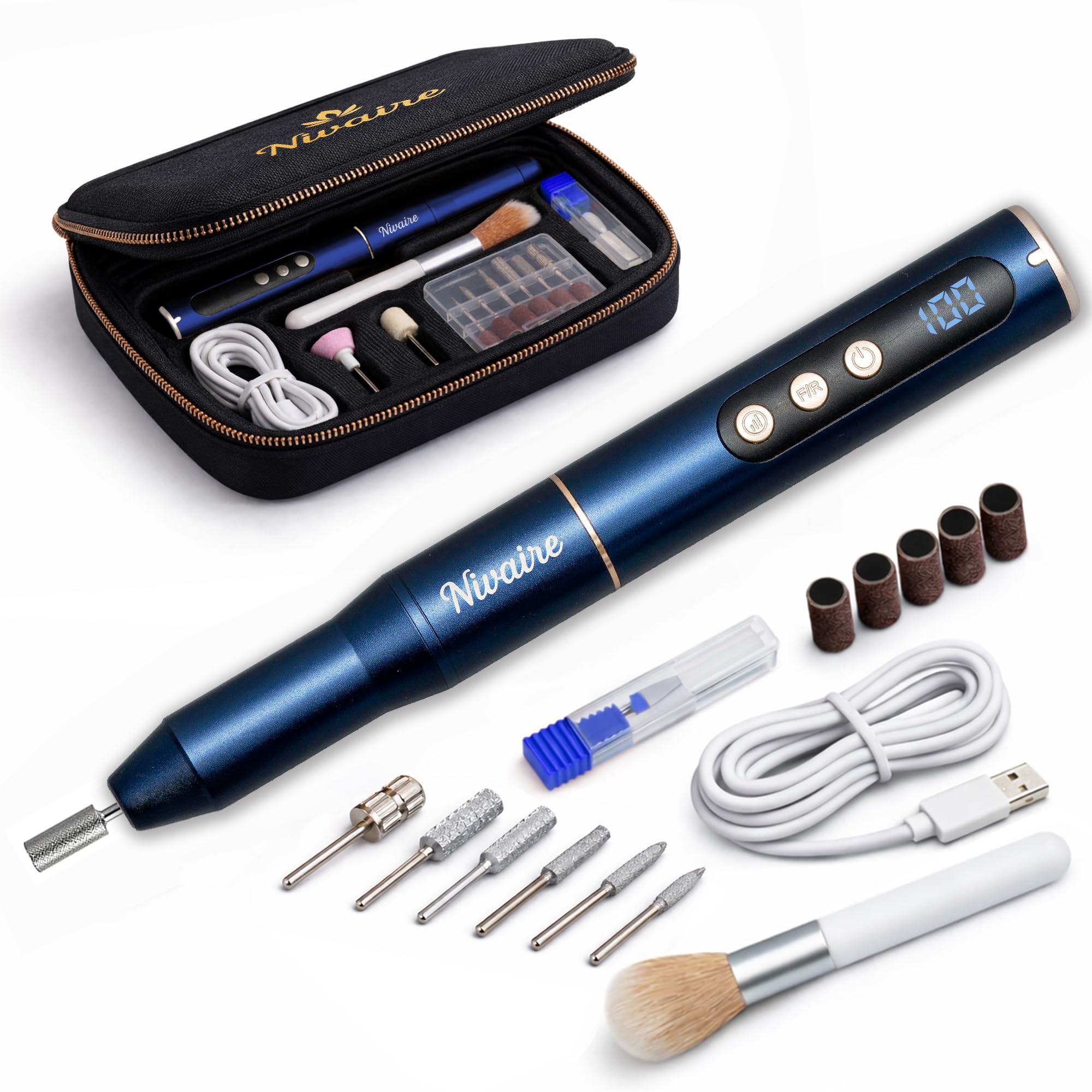 Nivaire Cordless Electric Nail Drill Kit with LCD Display and Rechargeable Filing Tool