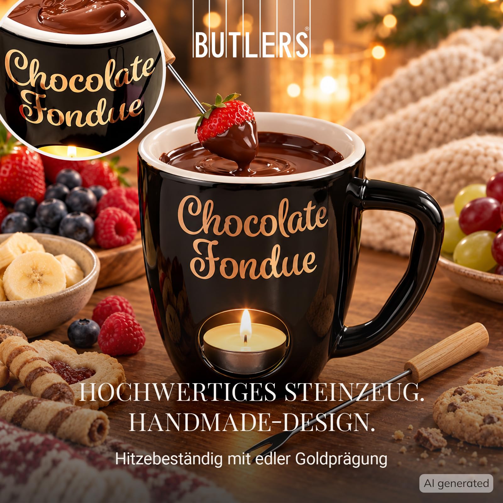 BUTLERS Schokofondue Tasse 200ml Teelichthalter, Schokoladenfondue 2 Personen Fondue-Set Porzellan -CHOCOLATE FONDUE Tasse zum Schokolade Schmelzen Weihnachten Mini Schokobrunnen Tasse für Teelicht