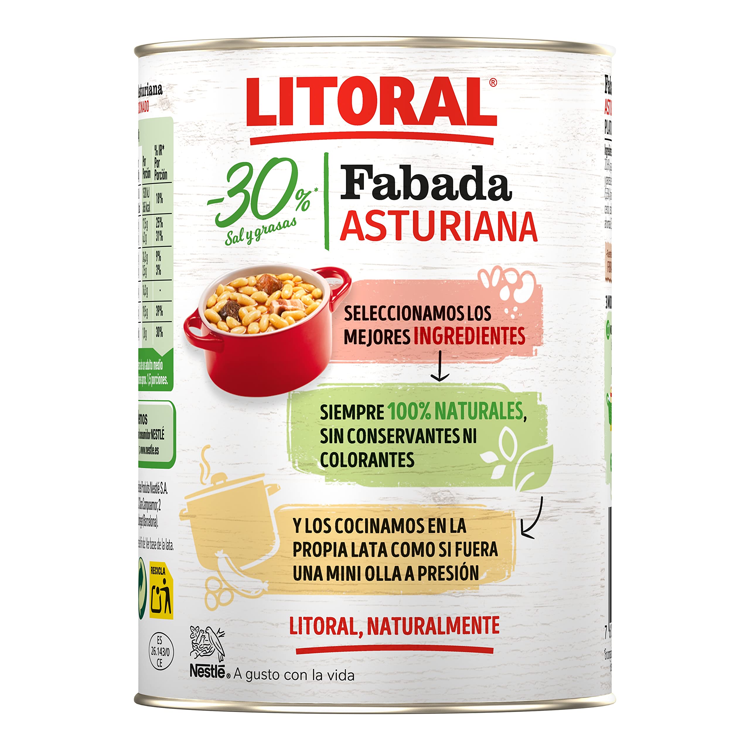 LITORAL Fabada Asturiana -30% Sal y Grasa Plato Preparado Sin Gluten 420g
