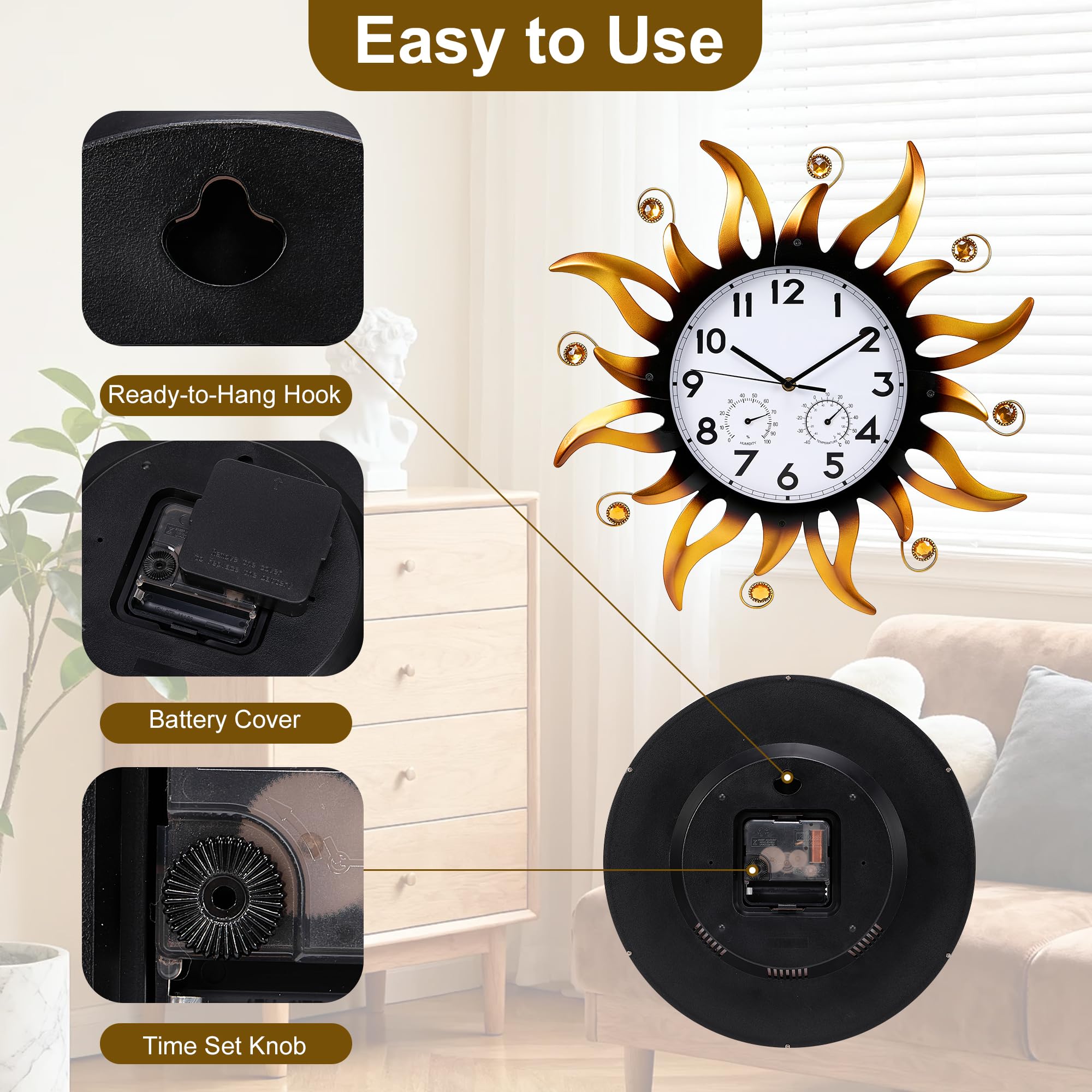 Reloj de pared para exteriores con termómetro e higrómetro, 20 pulgadas, impermeable, silencioso, sin tictac, decoración grande para dormitorio, baño y piscina
