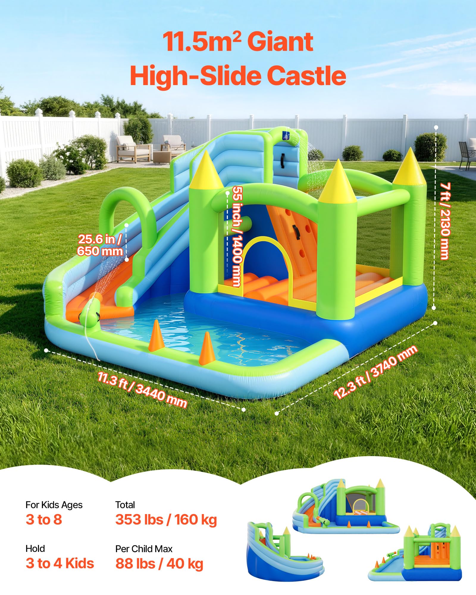 VEVOR Castillo Hinchable 344 x 374 x 213 cm, Parque Infantil Inflable con Tobogán Acuático, Aro de Baloncesto, Piscina de Chapoteo y Lanzamiento de Aros de Agua para 3 a 4 Niños de 3 a 8 Años