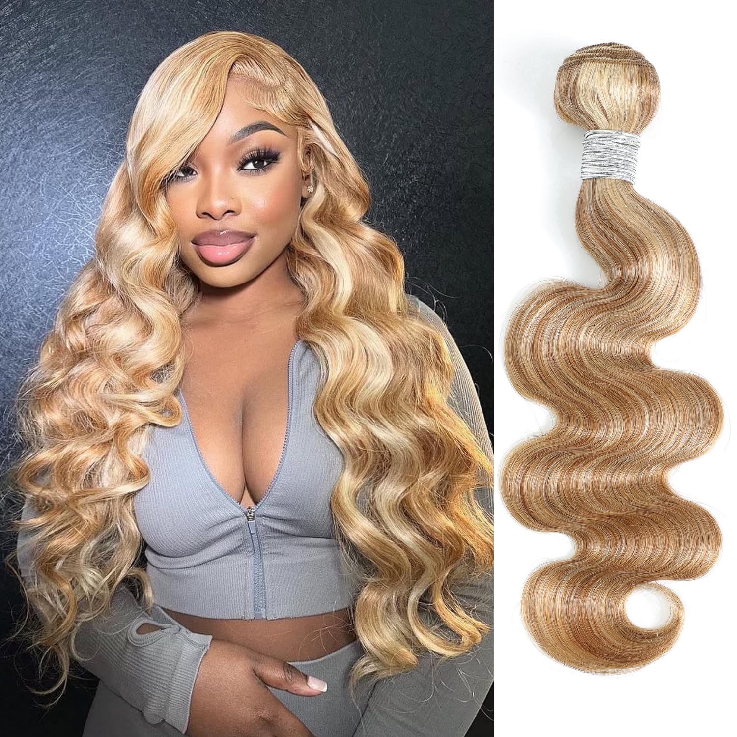 27/613 Blonde Highlight Bundle Human Hair Body Wave 16 Inch, 13A #F27/613 Highlight Blonde Human Hair Single Wavy Bundle Body Wave Soft Healthy 100% Unprocessed Virgin Hair Weave Extensions