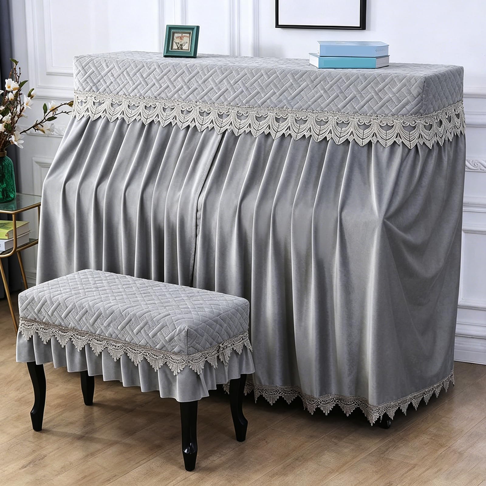 Zeihyeurus Silver Gray Upright Piano Cover,Household Dustproof Piano Cover,Protective,Block Sunlight,Moisture,Dust,Soft Bordered,Stool Cover,Easy To Install,For Home,Music Schools