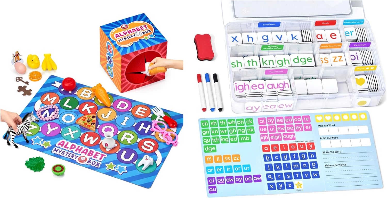 JoyCat Mystery Alphabet Box+Phonics Word Magnetic Letter Tiles-JoyCat 265 Alphabet Tiles, Magnetic Letters Kit with Word-Building Folder and Storage Case, Kindergarten Phonics Awareness, Science of Re