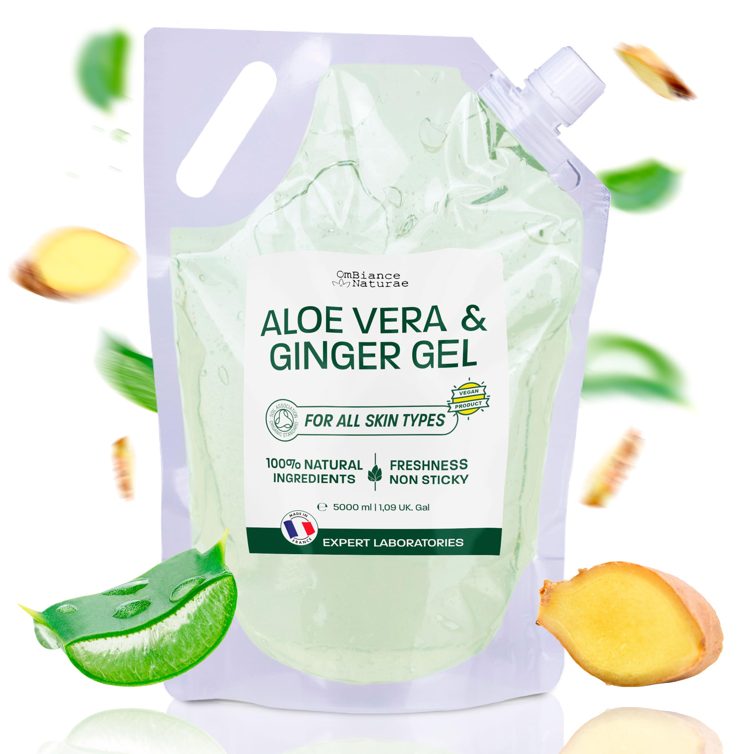 Gel de aloe vera y jengibre – Hidratante, reafirmante y refrescante, con aloe de hoja fresca de cultivo ecológico en España – Para cara, cuerpo y cabello – afeitarse después del sol, piernas, afeitado