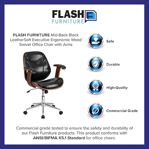 Miniatura 4 de Flash Furniture LeatherSoft - Silla de oficina ergonómica ejecutiva ergonómica de madera con respaldo medio y brazos
