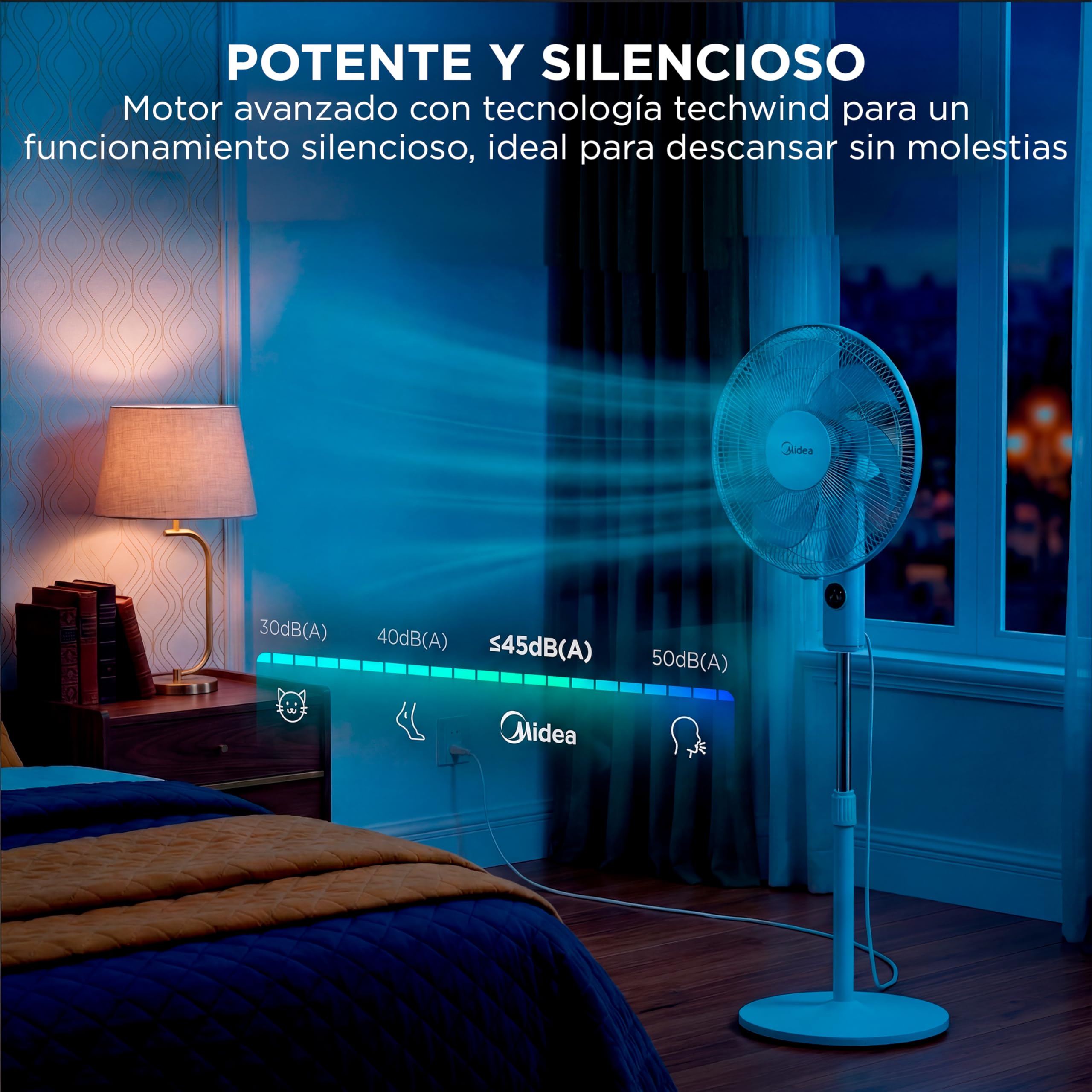 Midea Ventilador de Pie silencioso con Mando a Distancia y 3 velocidades - Ventilador Silencioso Oscilación 90º- Ventilador de Pie con Mando Temporizador 7h, Panel LED, Potente Motor, Altura Ajustable