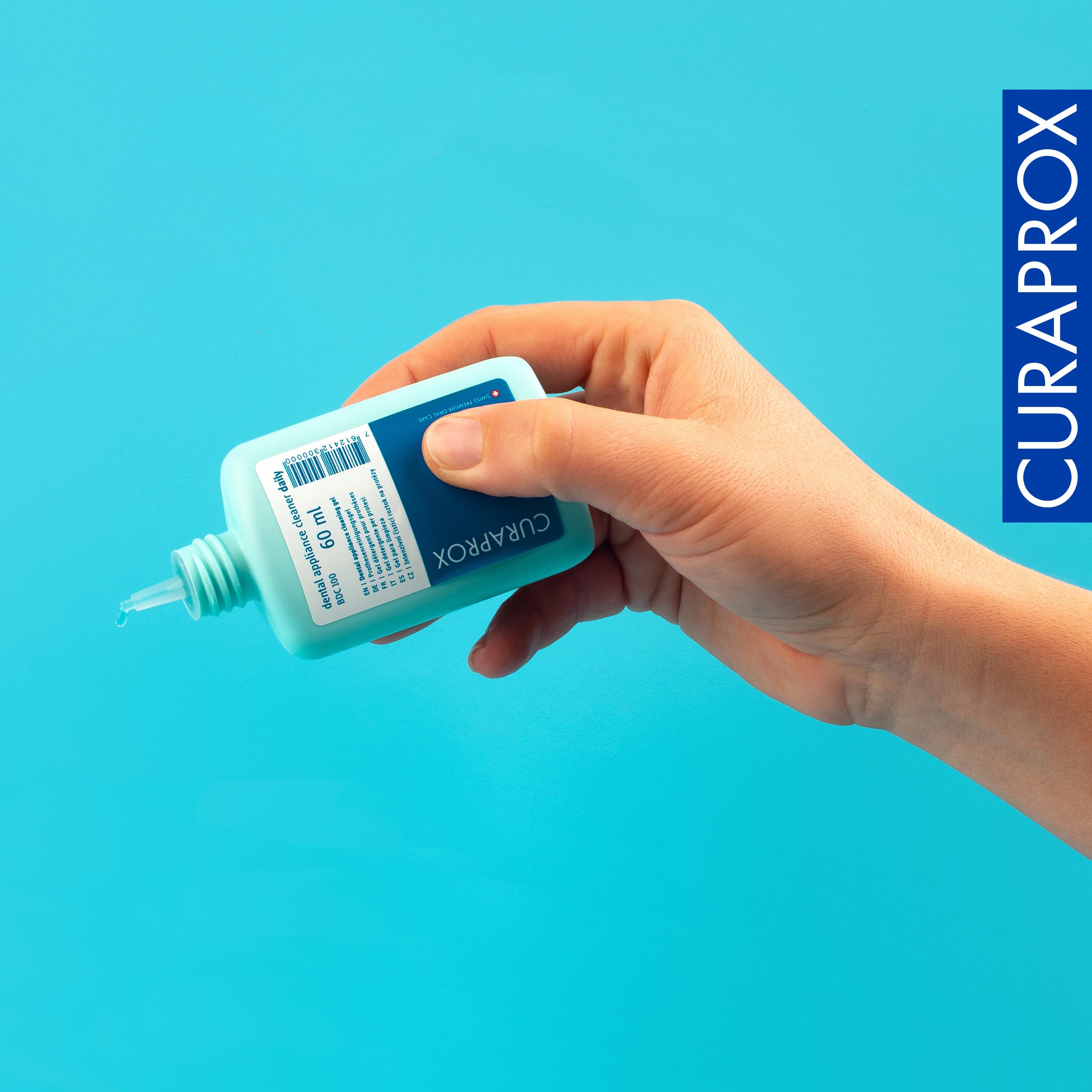 Curaprox BDC Juego de Limpieza Kit de Cuidado Completo para Dentaduras Postizas y Retenedores/Incluye Gel Diario, Concentrado Semanal, Cepillo y Caja de Limpieza/Hecho en Suiza