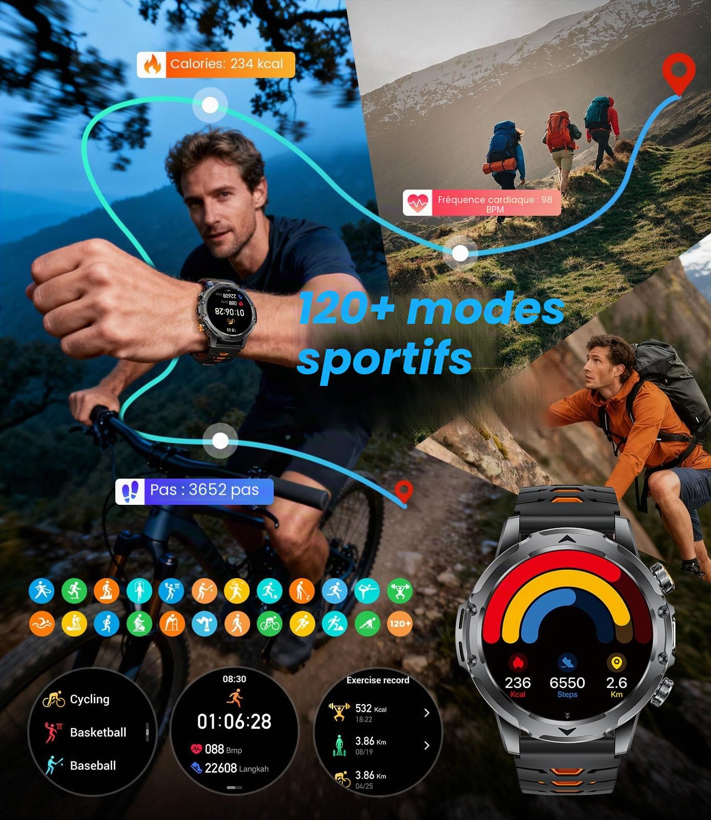 Montre Connectée Homme avec Batterie 1000mAh pour Android iOS, 1,53'' HD Grand Écran Montre Intelligente Militaire avec 24H Fréquence Cardiaque/129 Modes Sportifs/Étanche IP68/Torche, Noir-orange
