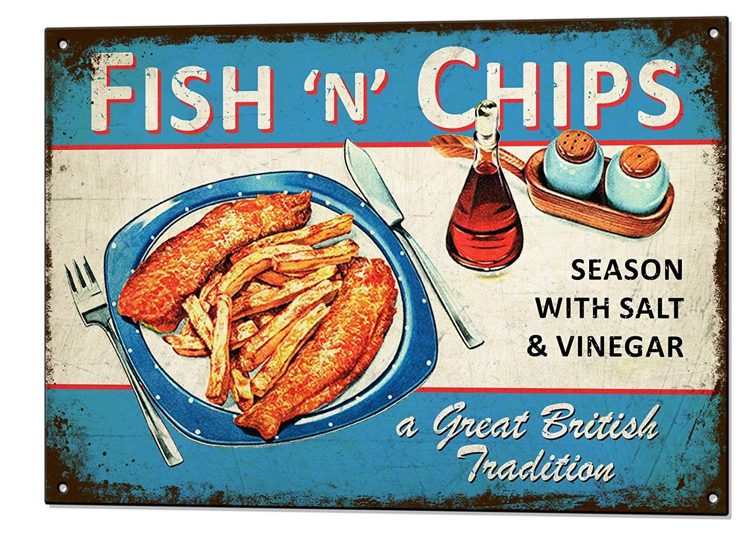 DOGT Metal tin sign 8x12 inches Fish & Chips Medium Vintage Metal Sign Retro Pub Bar Kitchen Cafe Tin Plaque