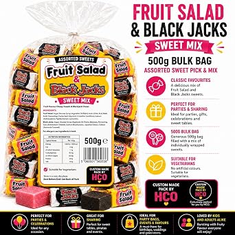 Black Jacks & Fruit Salad Retro Sweets, Assorted Chewy Candy, Pick and Mix, 500g Bulk Bag, for Parties, Gifts & Sharing