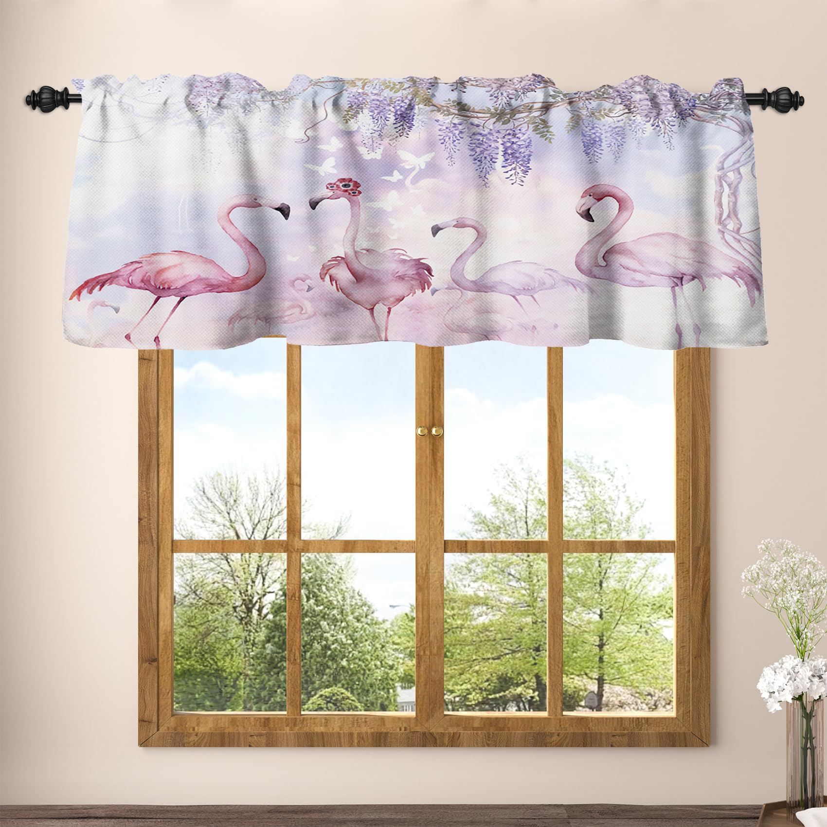 Cortinas de 42 x 18 pulgadas Renaiss con flamencos morados y glicinas para cocina y ventana
