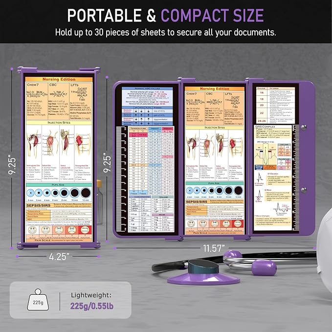 Nursing Clipboard Foldable, Foldable Clipboard w/Nursing Edition Medical Charts, 3 Layers Aluminum, Nurse Clip Board w/Low Profile Clip&Pen Clip for Students, Nurses and Doctors, Purple