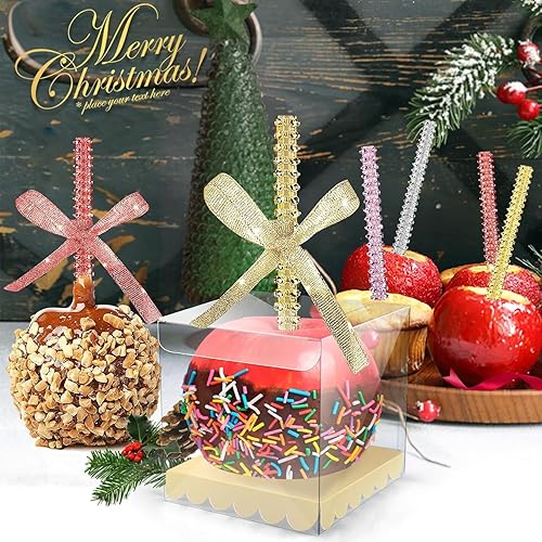 Miniatura 9 de 32 palitos de bambú de manzana, brochetas puntiagudas de madera de manzana caramelo con diamantes de imitación, envoltura de malla de diamante,