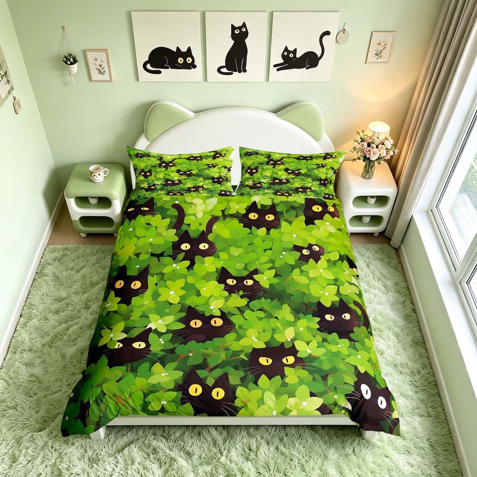 Homemissing Anime Cats Duvet Cover Set Super King Size Cats Print Bedding Set for Boys Girls Green Leaves Duvet Cover Cute Animals Bedroom Decor 3Pcs โ image 1