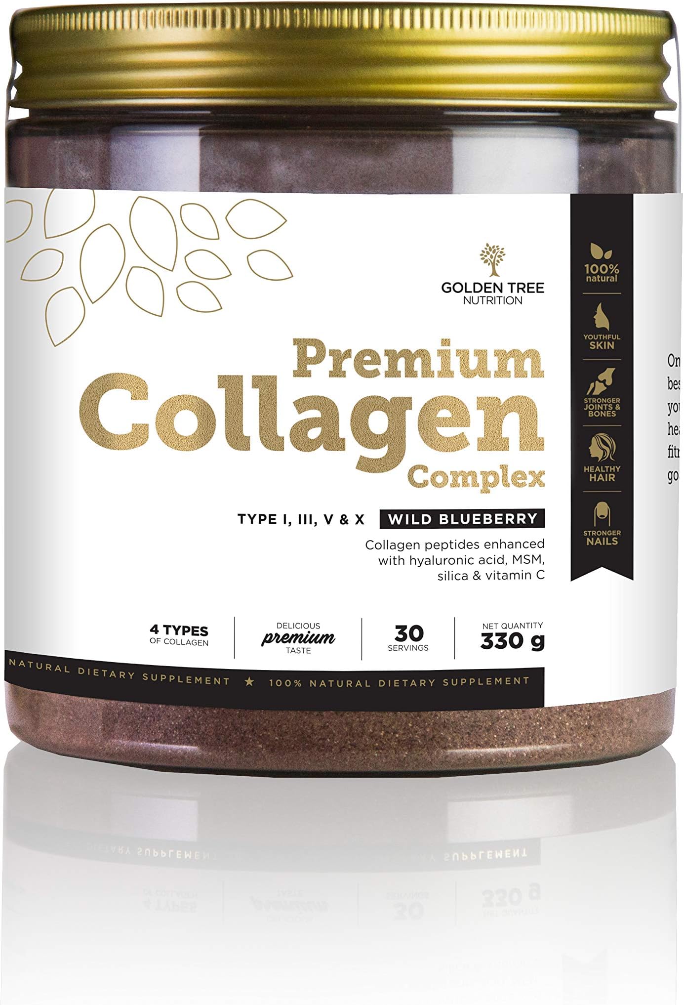 Golden Tree Premium Collagen Complex – Collagen Powder with MSM, Hyaluronic Acid, Vitamin C, Silica – Types I III V X – 330 g, 30 Servings